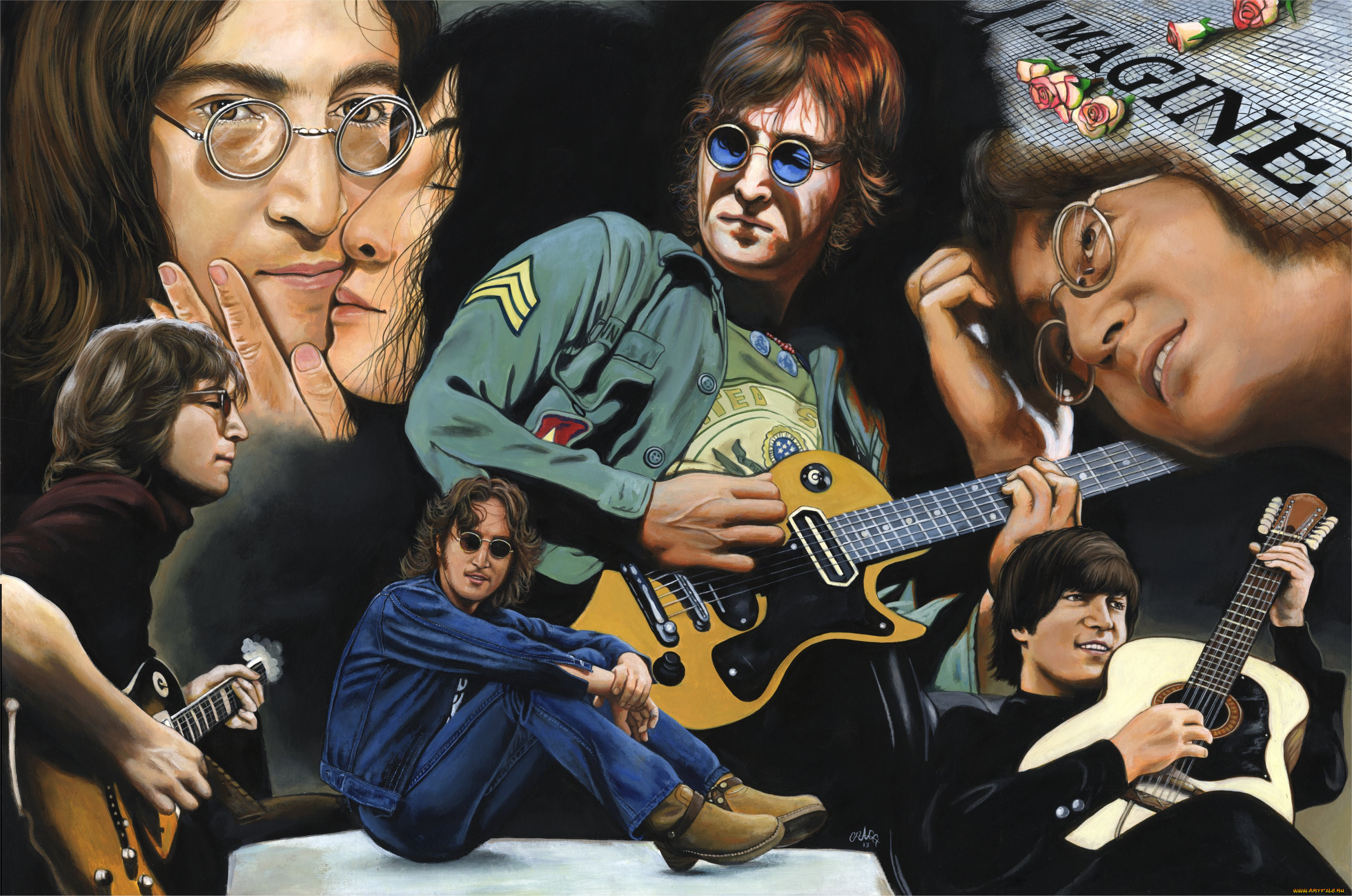 john, lennon, рисованное, люди, очки, гитара, взгляд, фон, мужчина