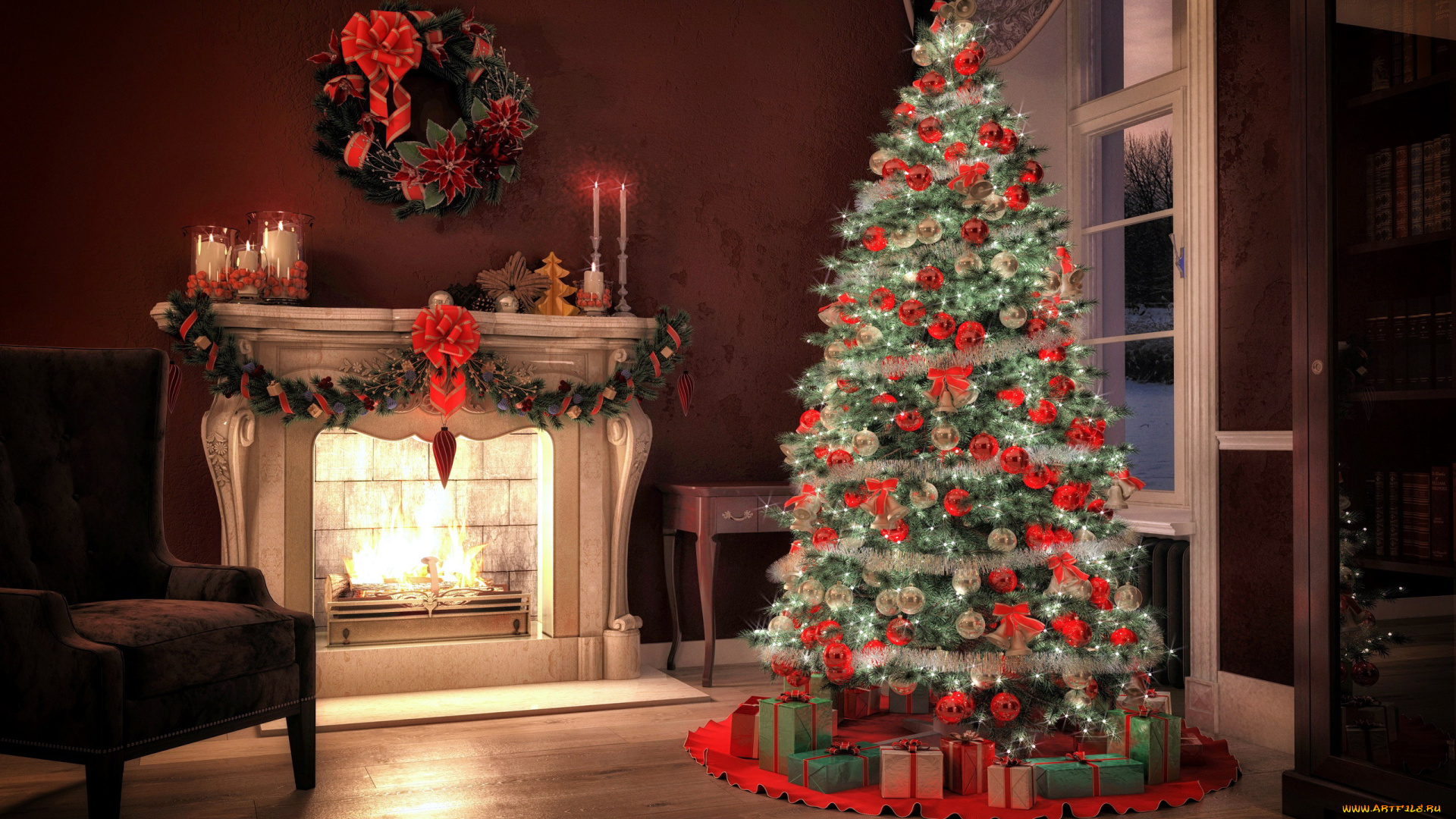 праздничные, новогодний, очаг, елка, кресло, камин, венок