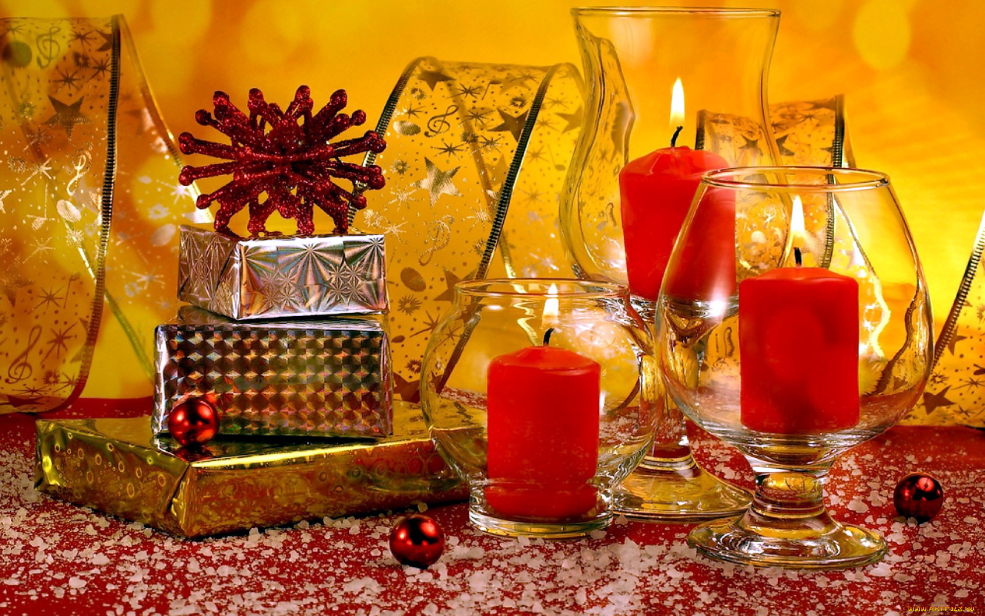 праздничные, новогодние, свечи, бокалы, лента, свечи