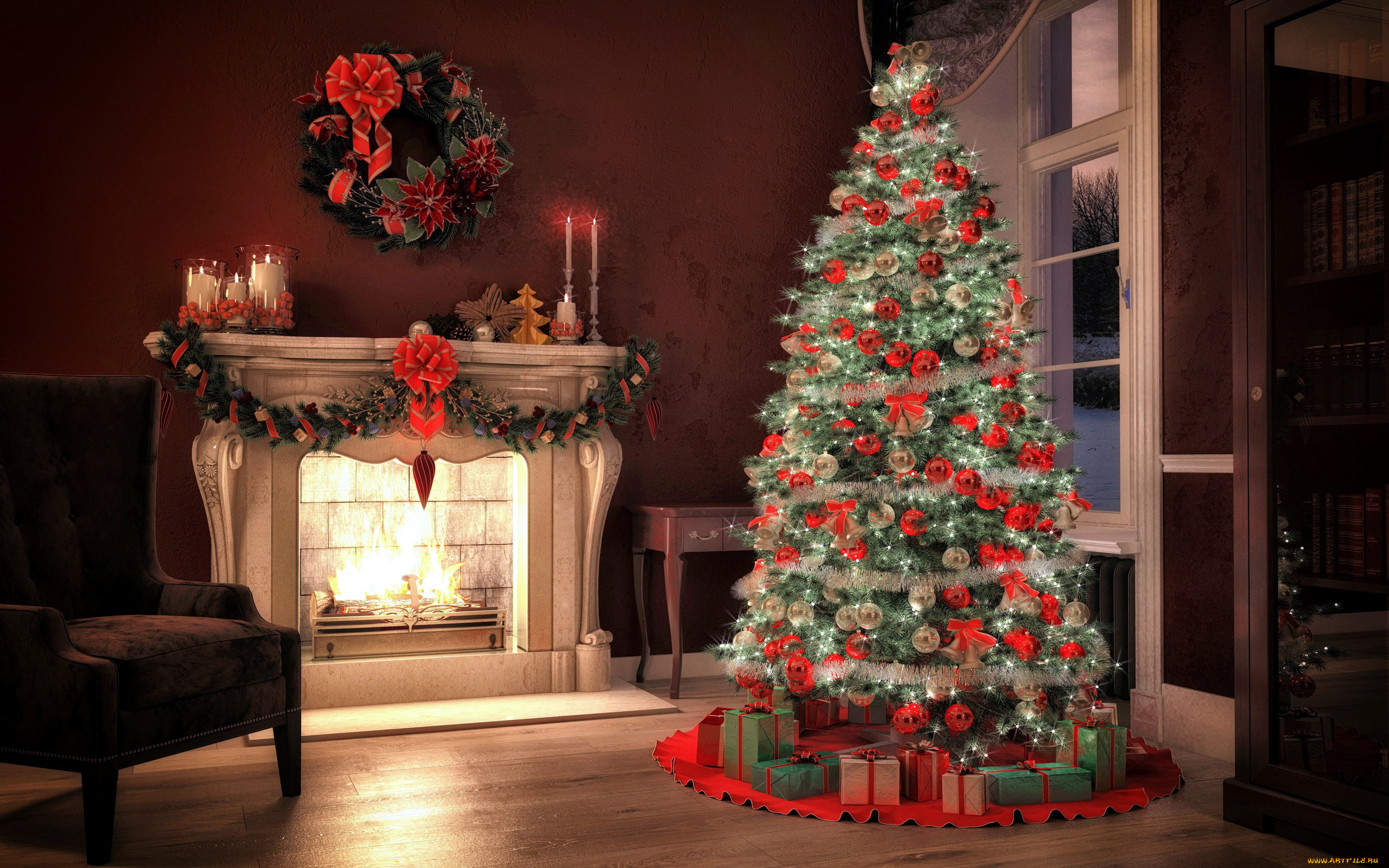 праздничные, новогодний, очаг, елка, кресло, камин, венок