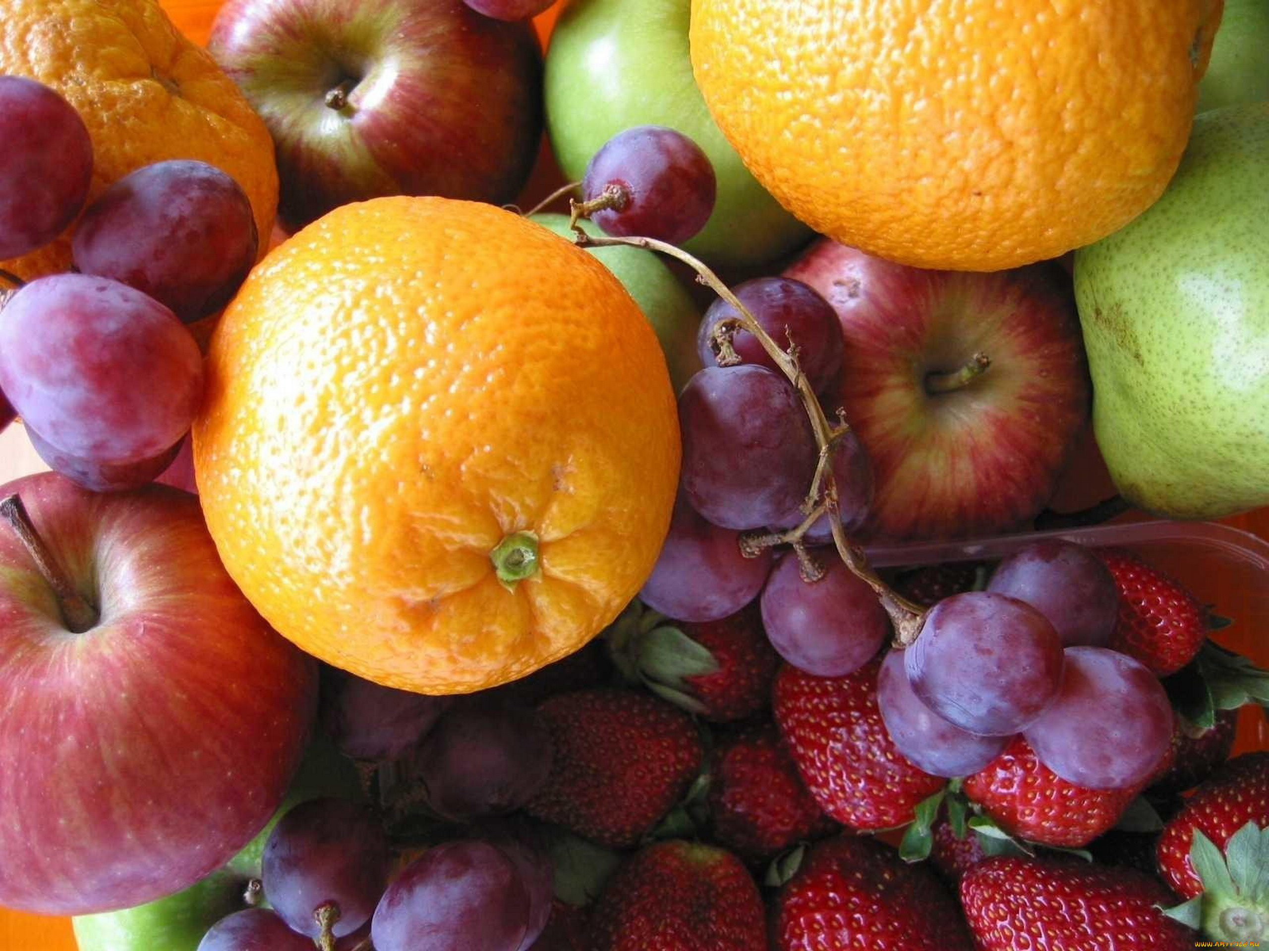 еда, фрукты, , ягоды, апельсины, яблоки, виноград, клубника