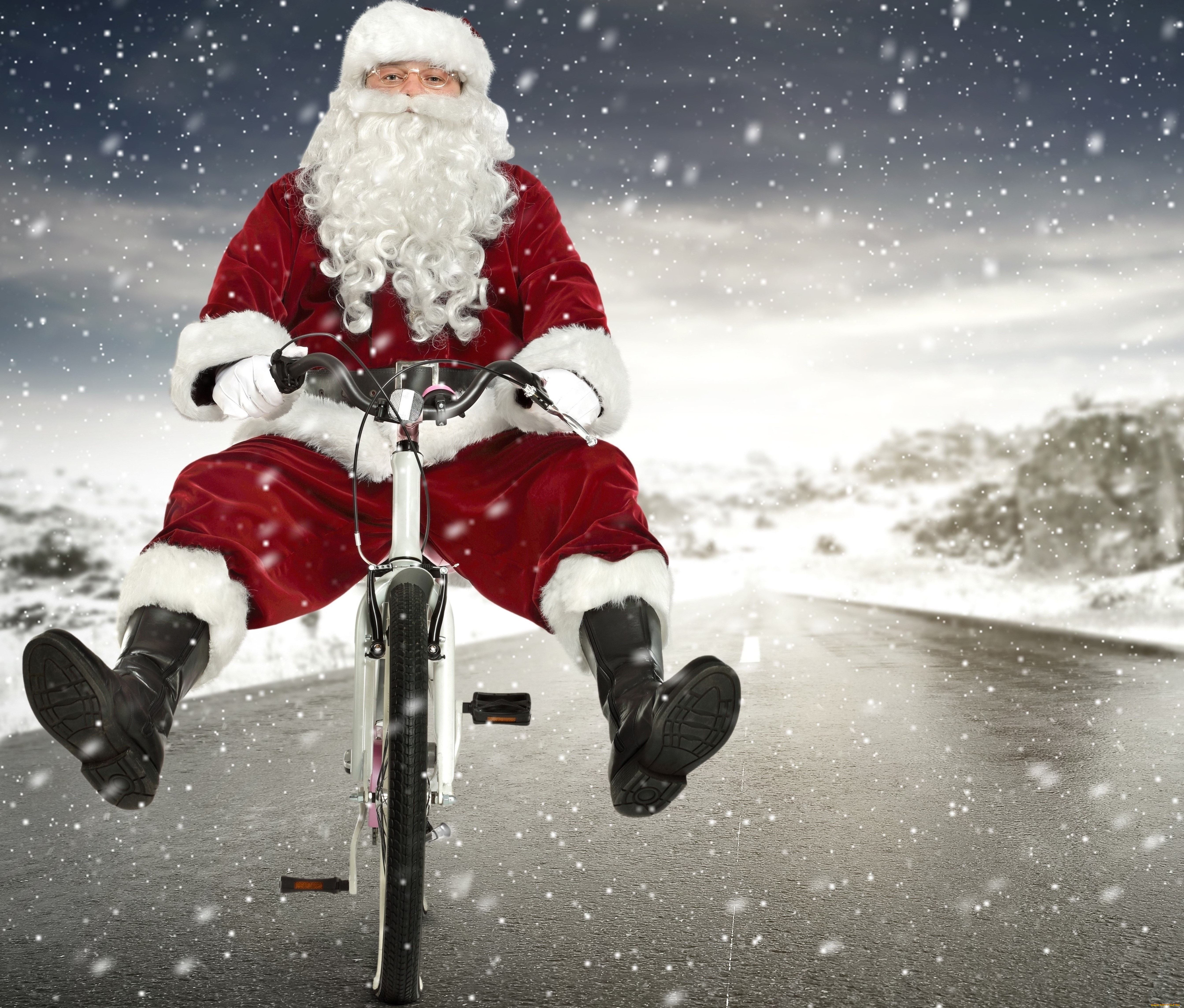праздничные, дед, мороз, , санта, клаус, снег, сапоги, красная, шапка, рождество, новый, год, велосипед, борода, праздник, зима, дорога, шуба, снежинки, перчатки, дед, мороз