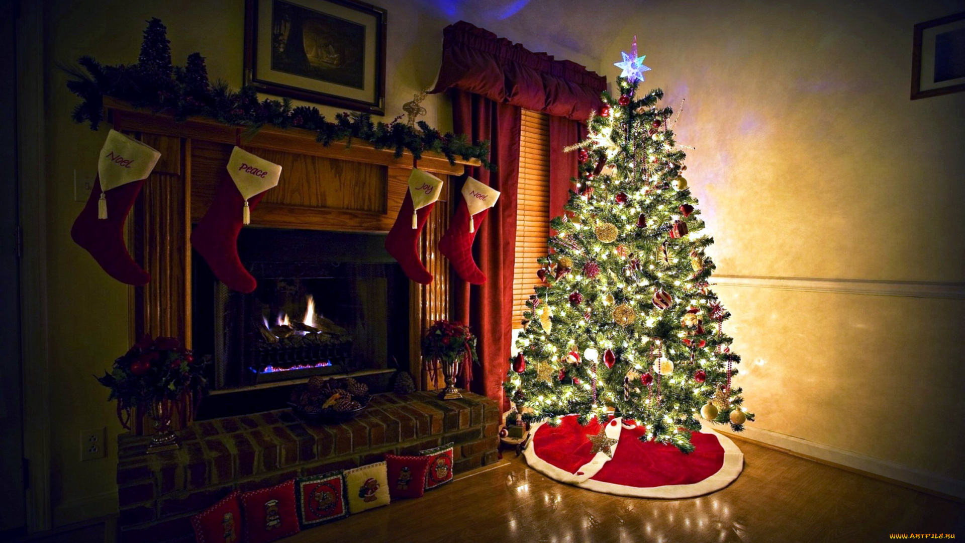 праздничные, новогодний, очаг, елка, камин