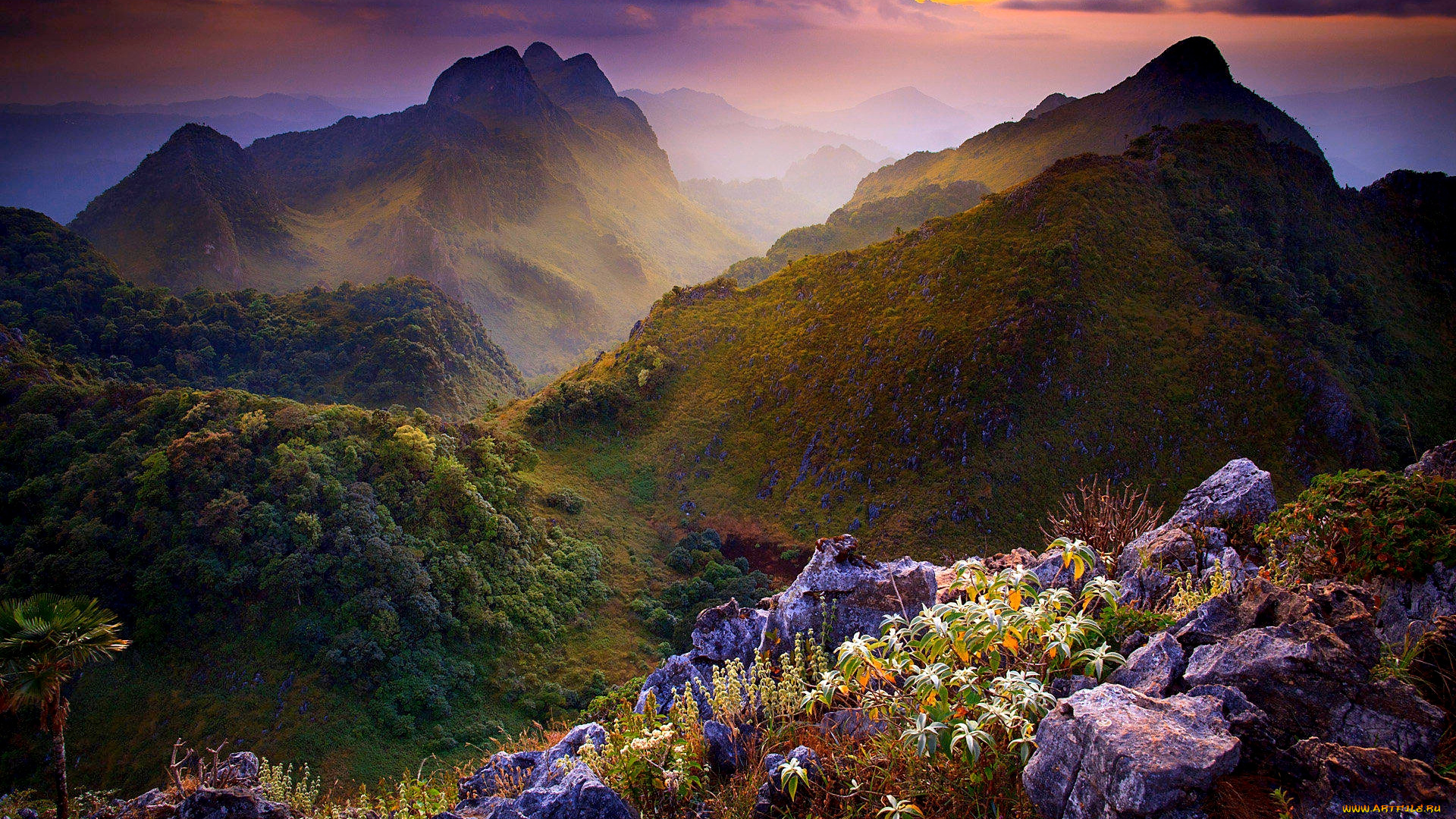 природа, горы, камни, цветы, лес, тучи, тайланд