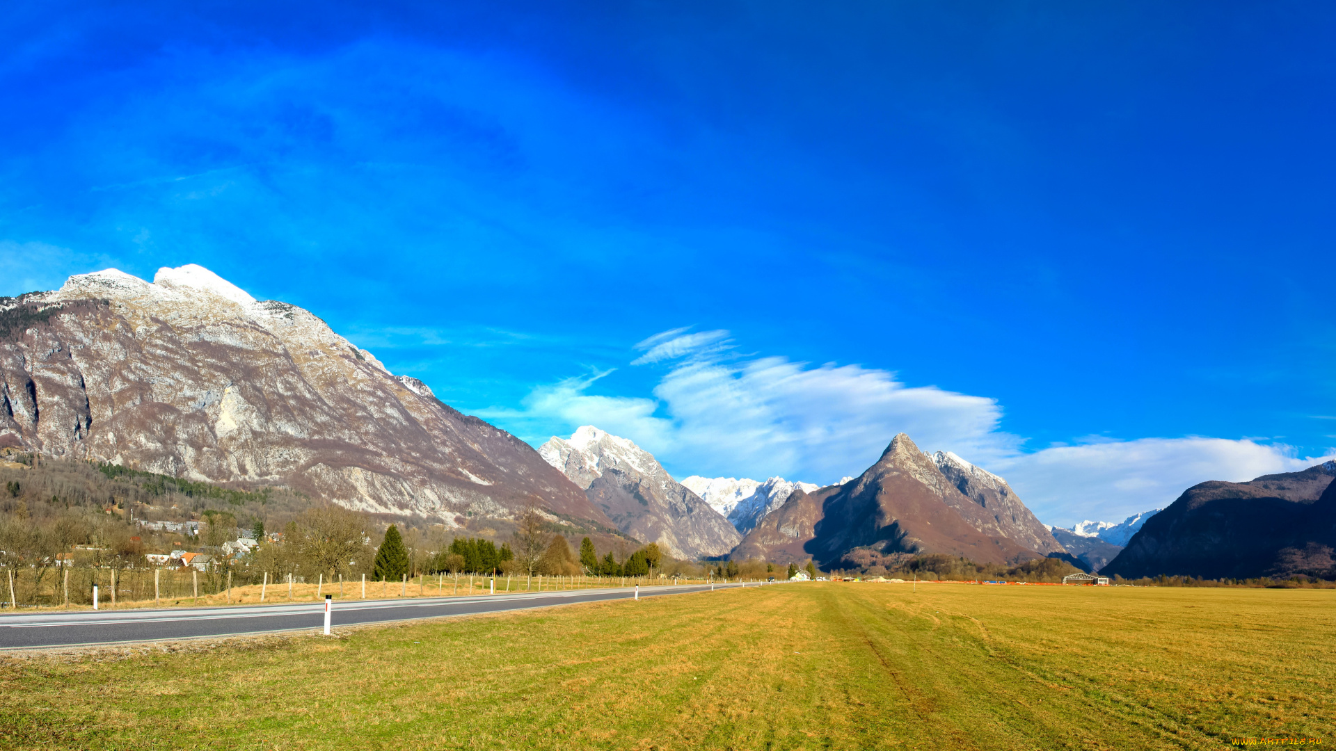 словения, bovec, природа, поля, горы, дорога