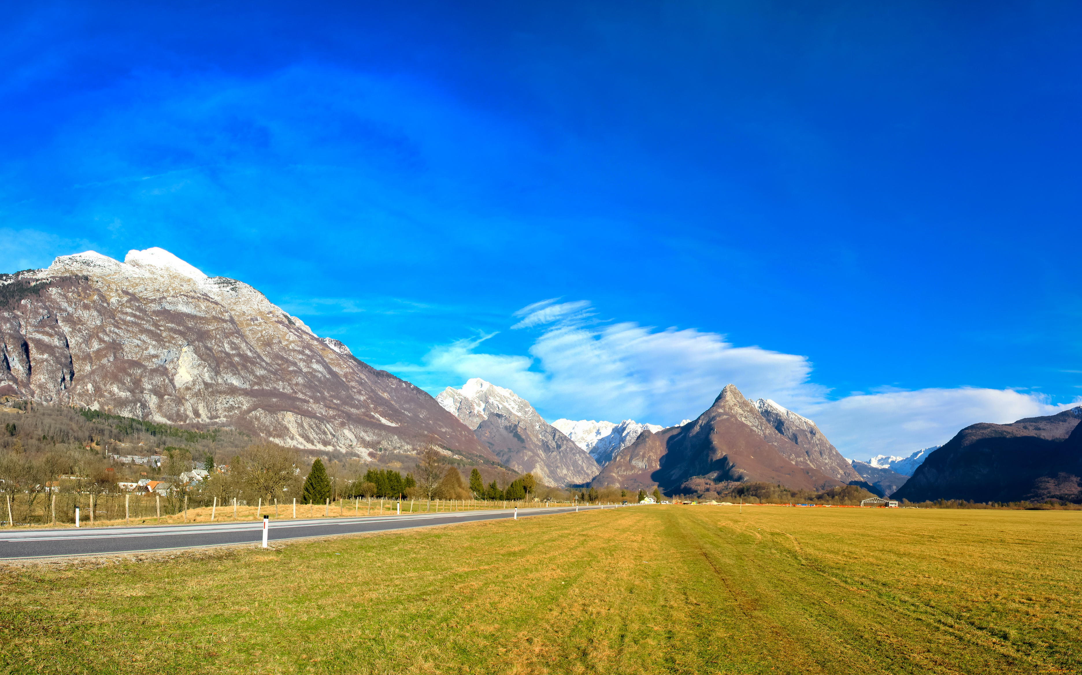 словения, bovec, природа, поля, горы, дорога