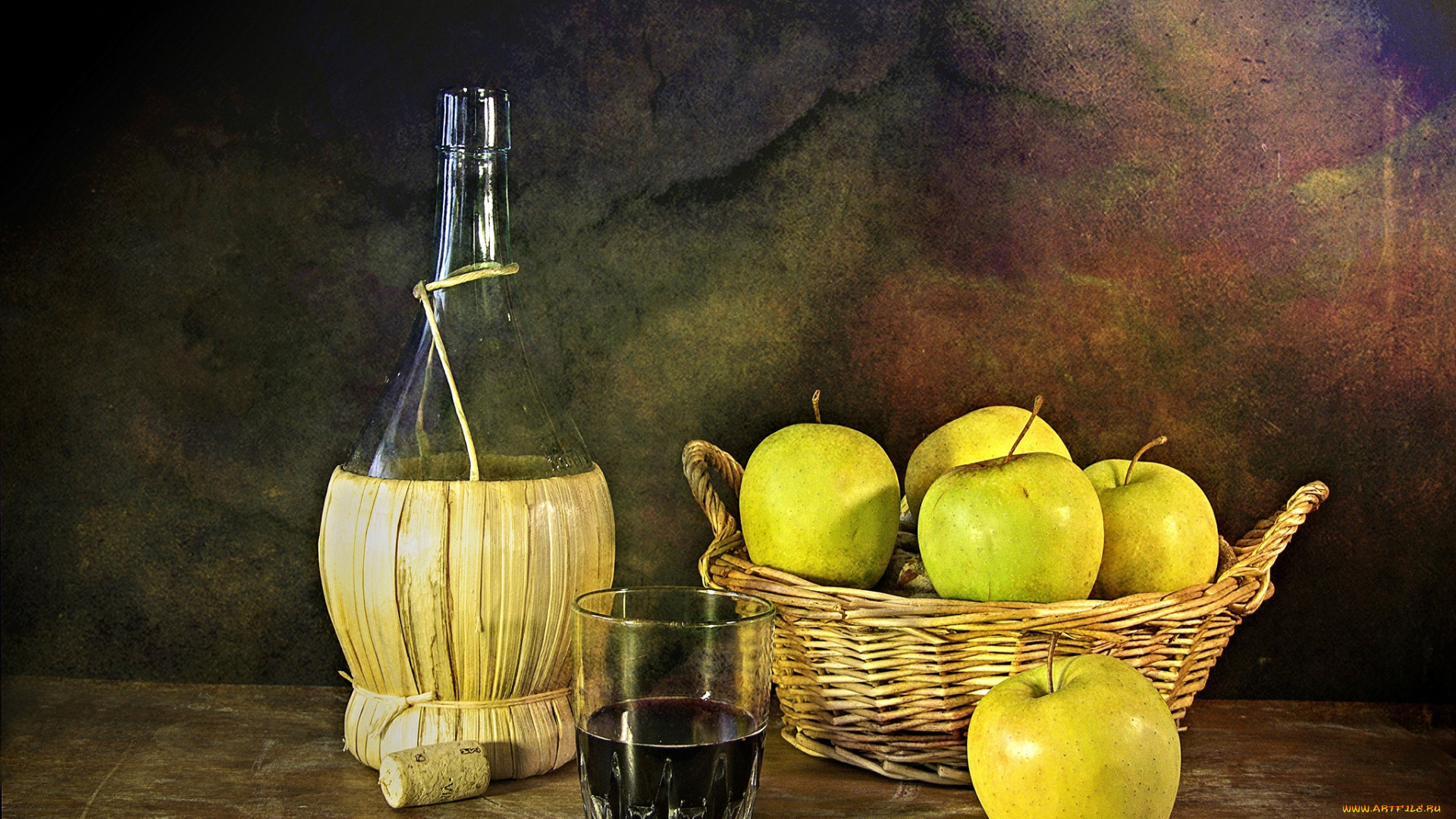 еда, натюрморт, яблоки, корзинка, вино, стакан, бутыль