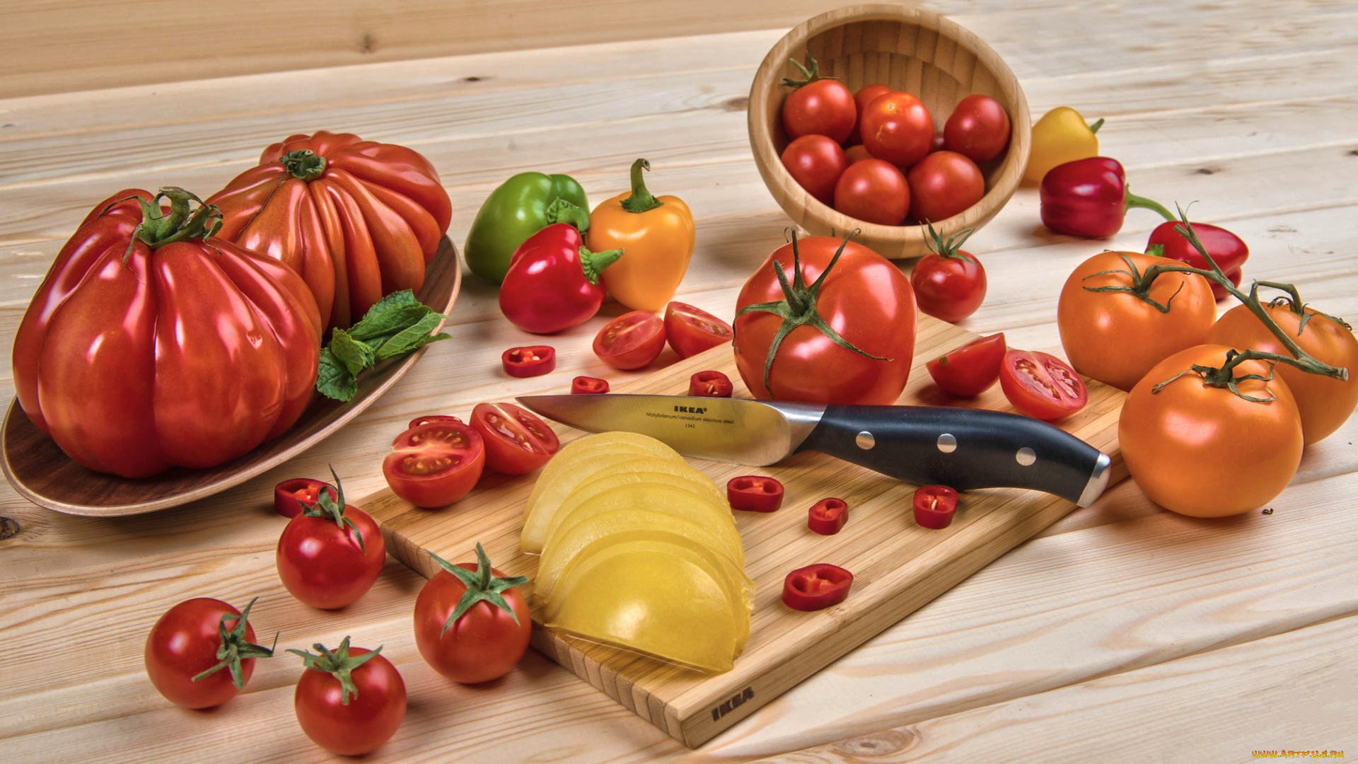 еда, помидоры, томаты, доска, нож