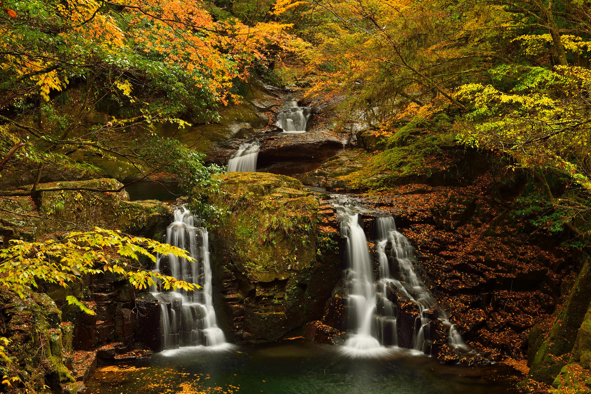природа, водопады, лес, деревья, скалы, осень, ручей, поток, водопад