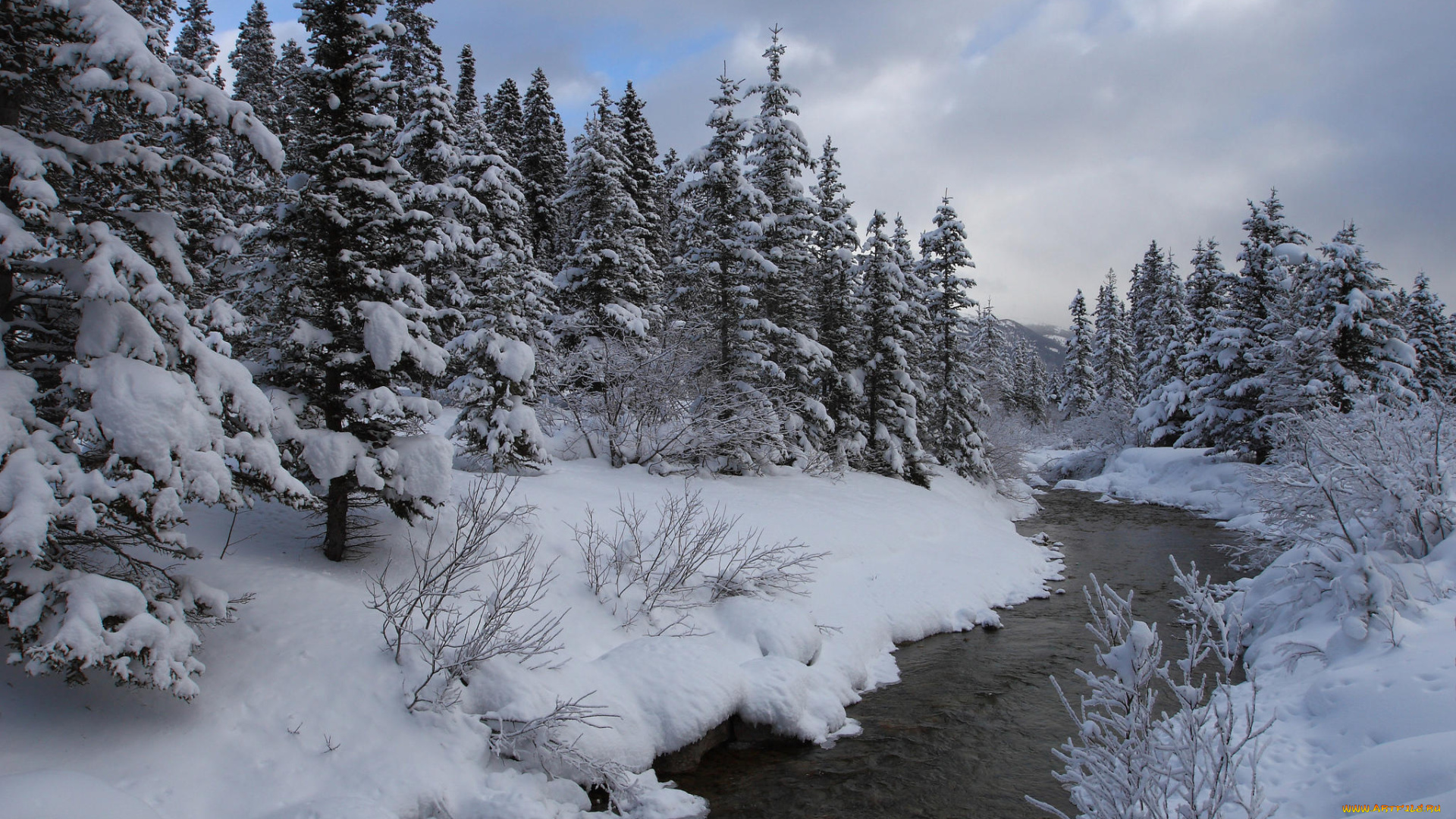 природа, реки, озера, река, зима, канада, banff, national, park, alberta