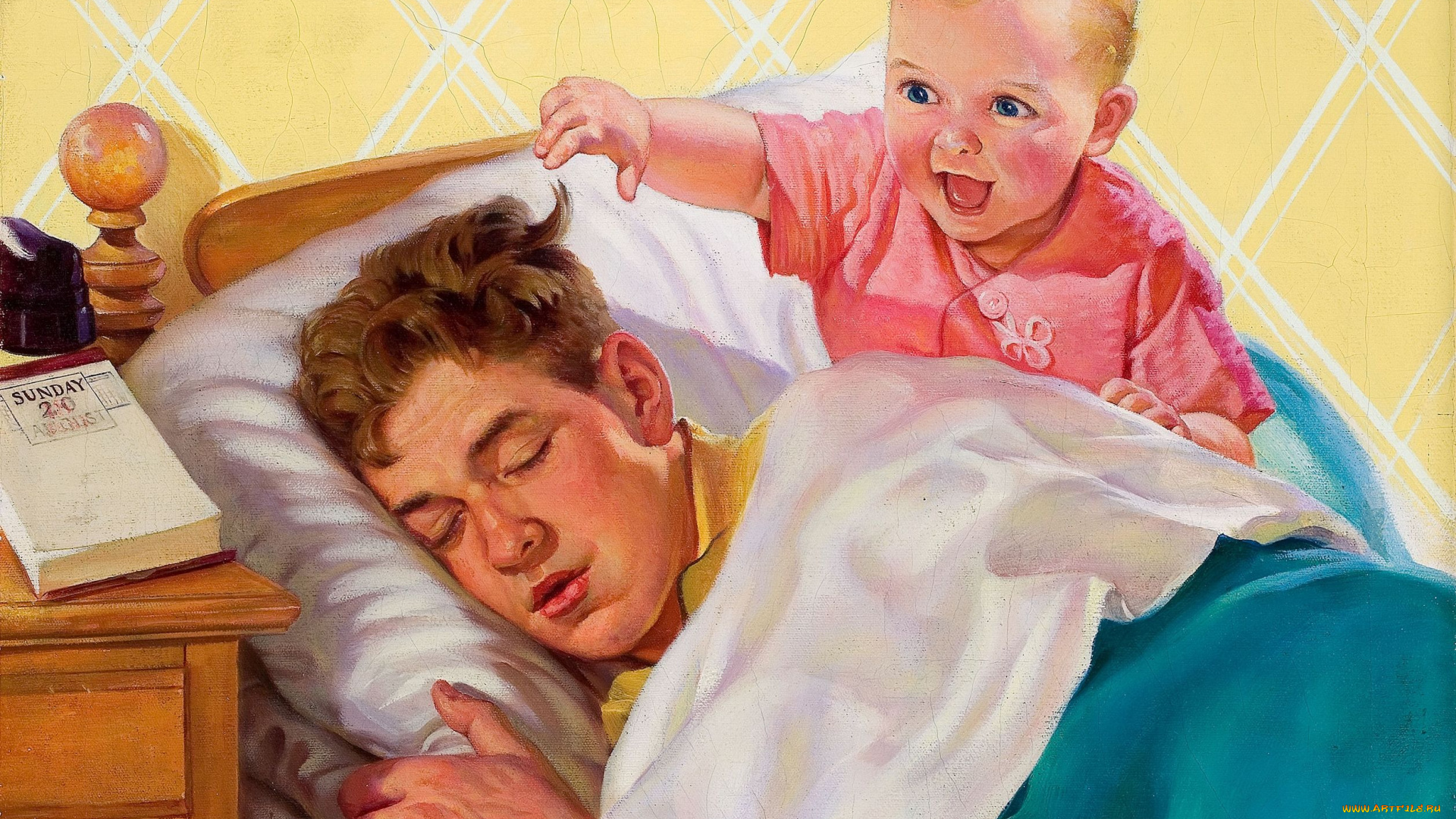 Сын разбудил спящую мать. Рассел Самбрук художник. Картины с детьми и родителями. Картина для папы. Утро в семье.