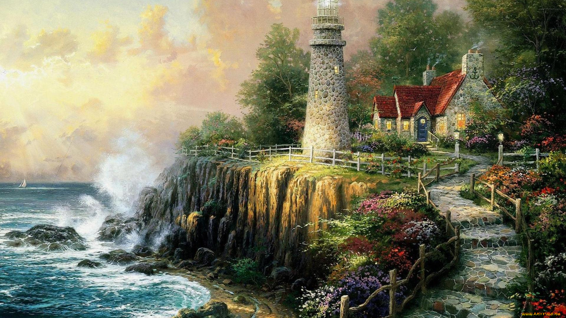 the, light, of, peace, рисованные, thomas, kinkade, painting, маяк, море, живопись, lighthouse, cottage, house, sea, томас, кинкейд, дом, коттедж