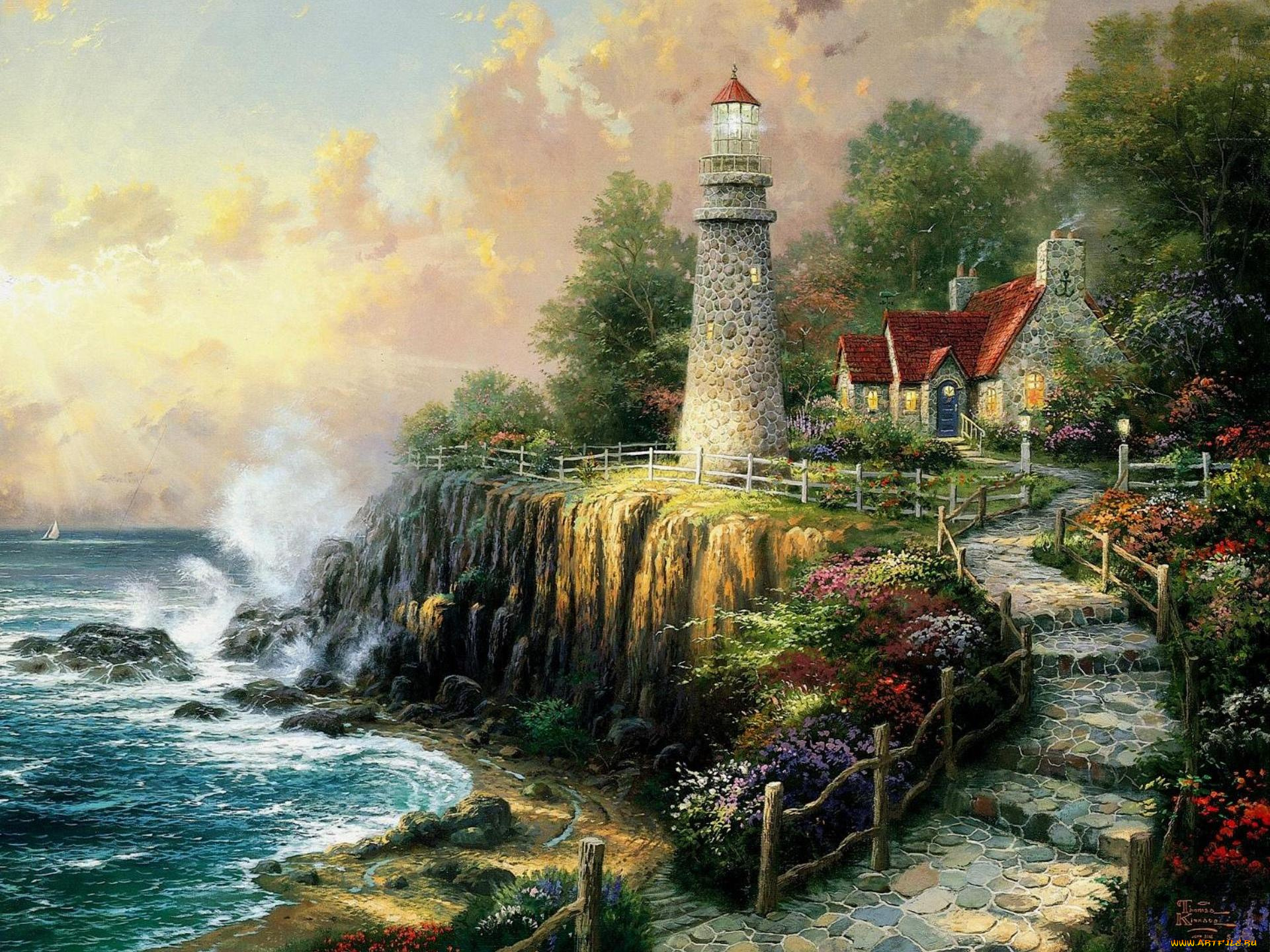 the, light, of, peace, рисованные, thomas, kinkade, painting, маяк, море, живопись, lighthouse, cottage, house, sea, томас, кинкейд, дом, коттедж