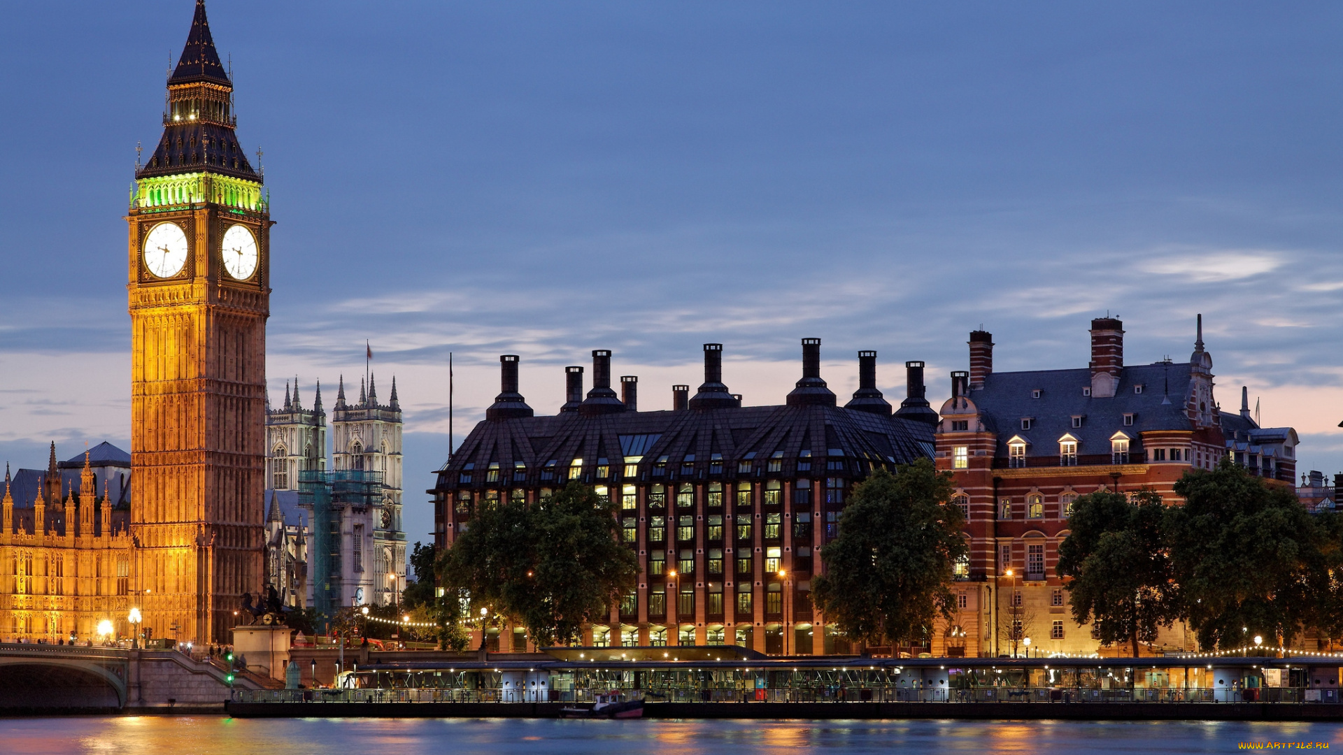 города, лондон, великобритания, парламент, ночь, река