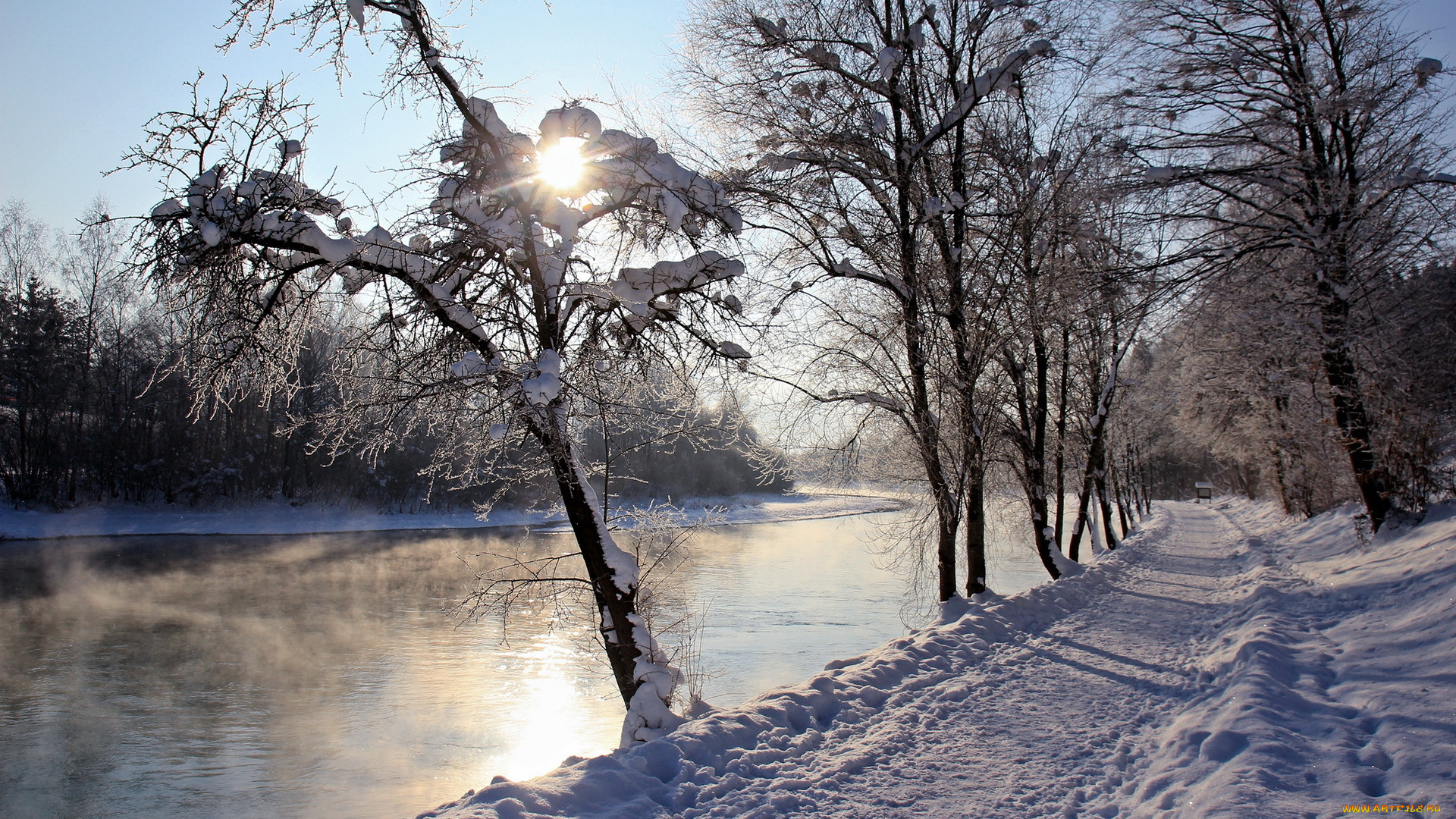 природа, зима, река, дорога