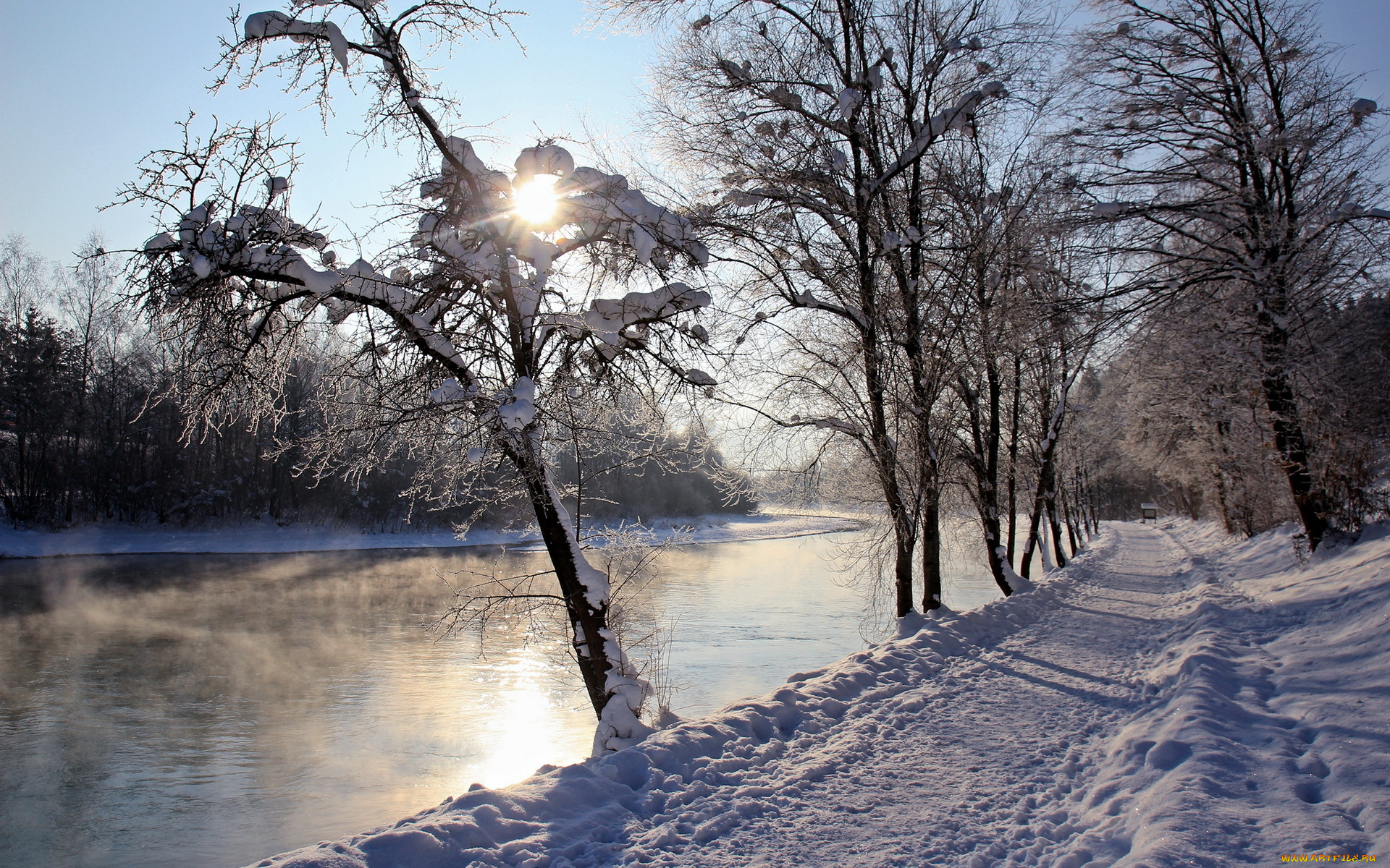 природа, зима, река, дорога