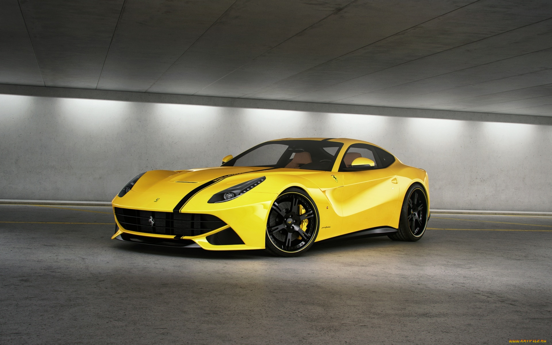 автомобили, ferrari, парковка, чёрная, полоса, вид, спереди, f12, berlinetta, yellow, берилинетта, жёлтый