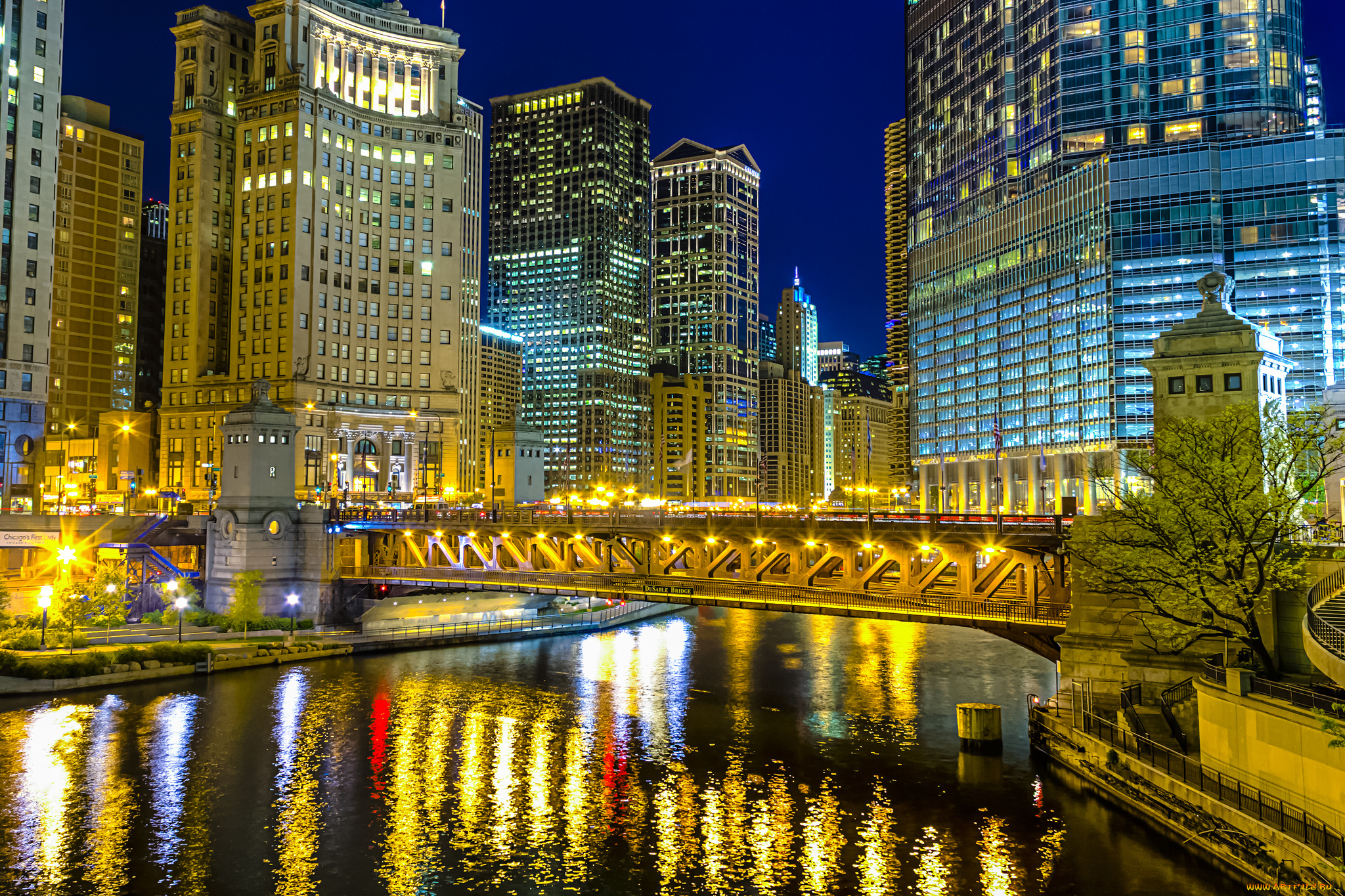 michigan, avenue, bridge, chicago, города, Чикаго, сша, небоскрёбы, здания, река, ночной, город, мост