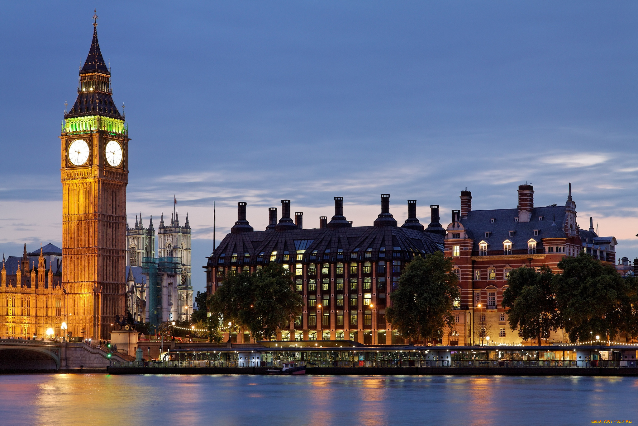 города, лондон, великобритания, парламент, ночь, река