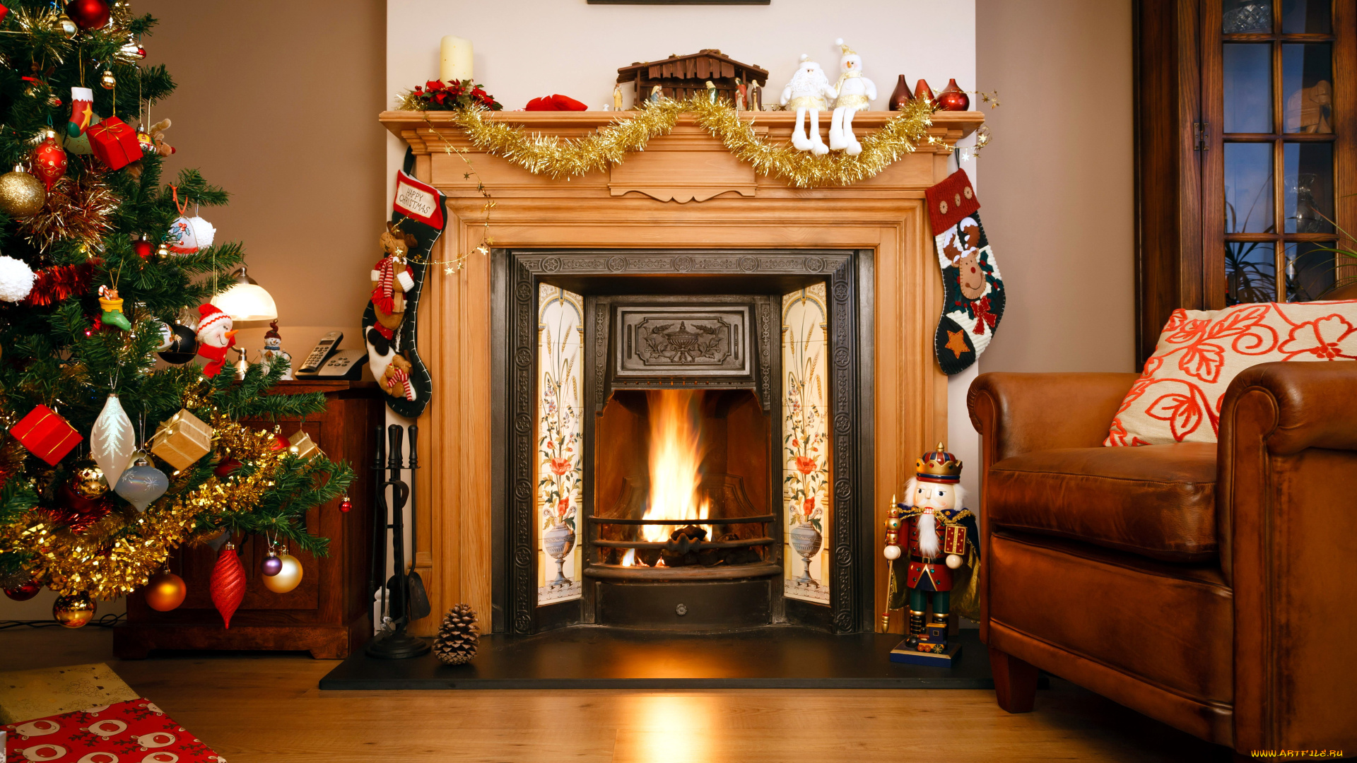 праздничные, новогодний, очаг, огонь, камин, елка, кресло