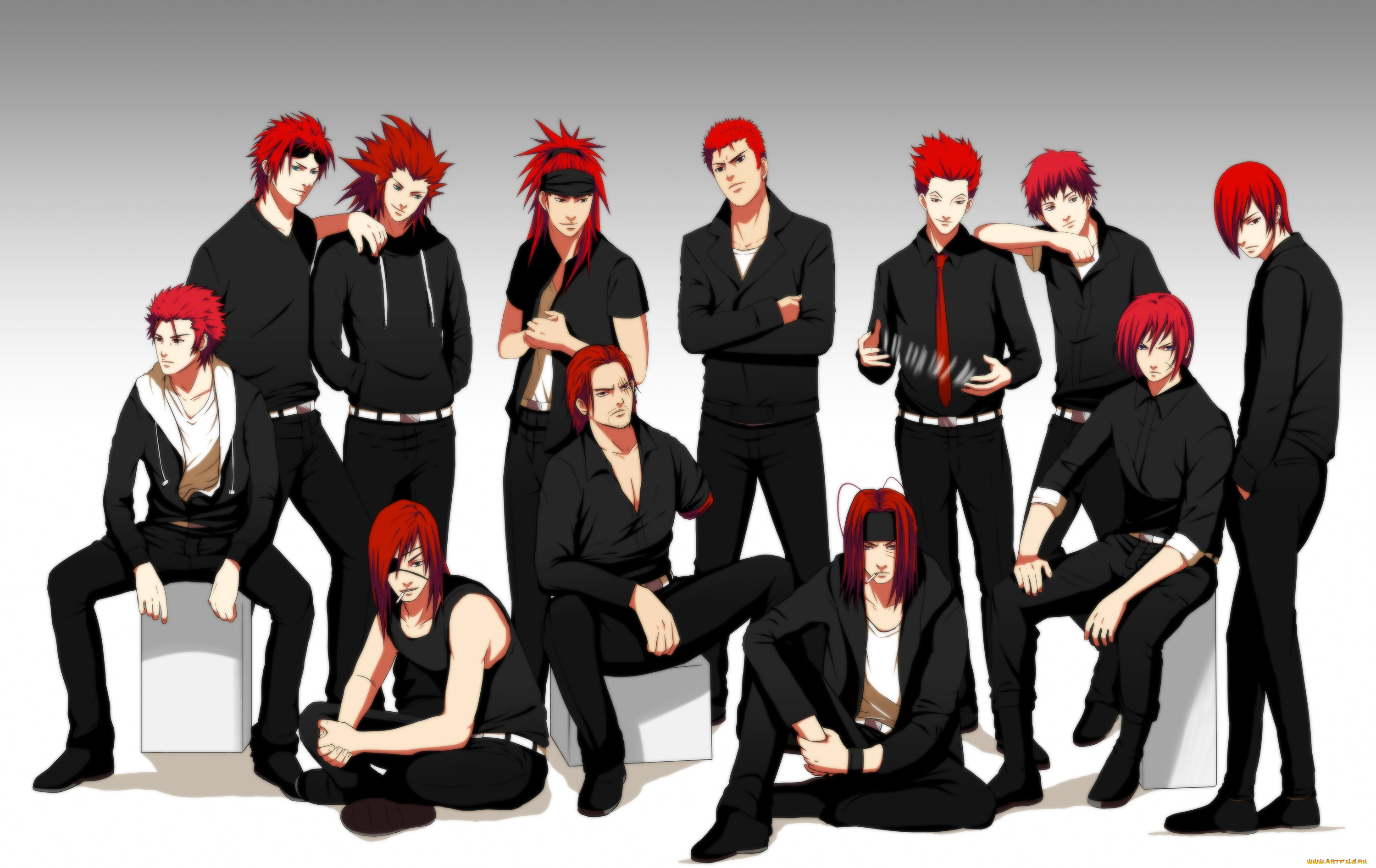 аниме, *unknown, , другое, чёрные, кастюмы, красные, волосы, парни, разное