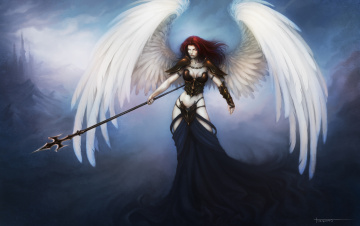 Картинка фэнтези ангелы девушка оружие белые перья крылья ангел
