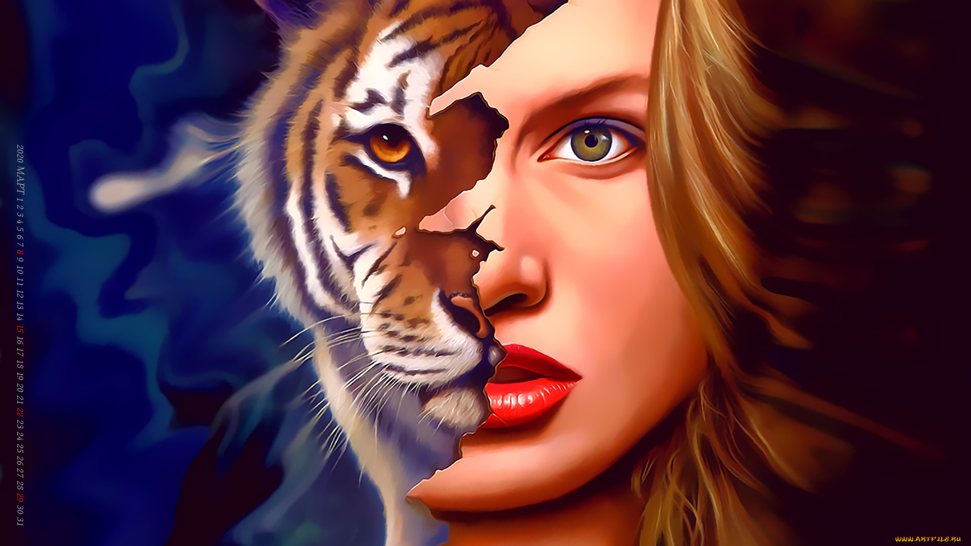 календари, фэнтези, маска, лицо, девушка, тигр, животное, хищник, calendar, 2020