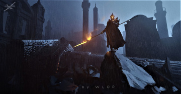 Картинка фэнтези _ghost+blade+ +призрачный+клинок воин копье дождь колонна город