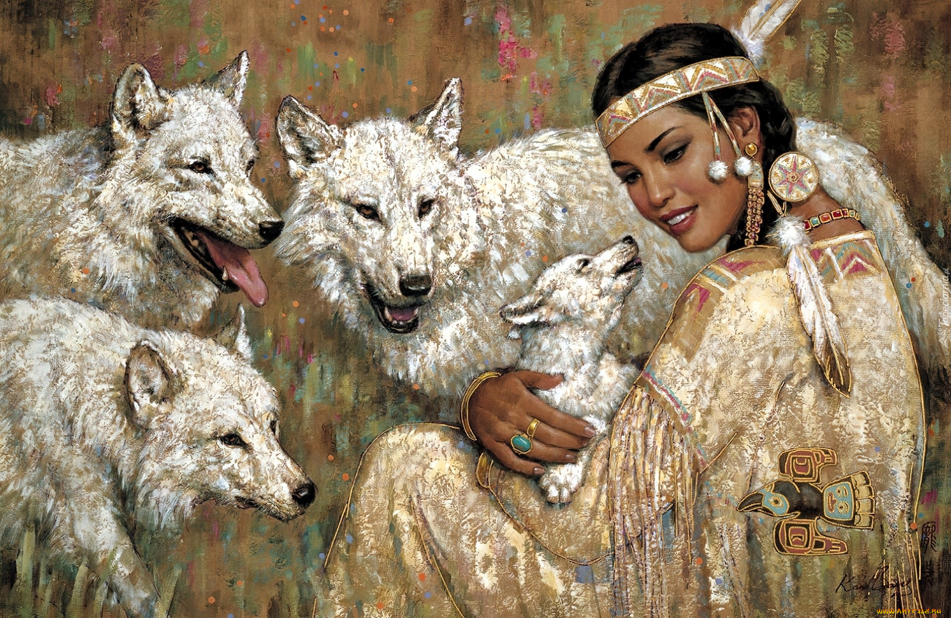 рисованное, люди, девушка, индианка, волки, волчонок