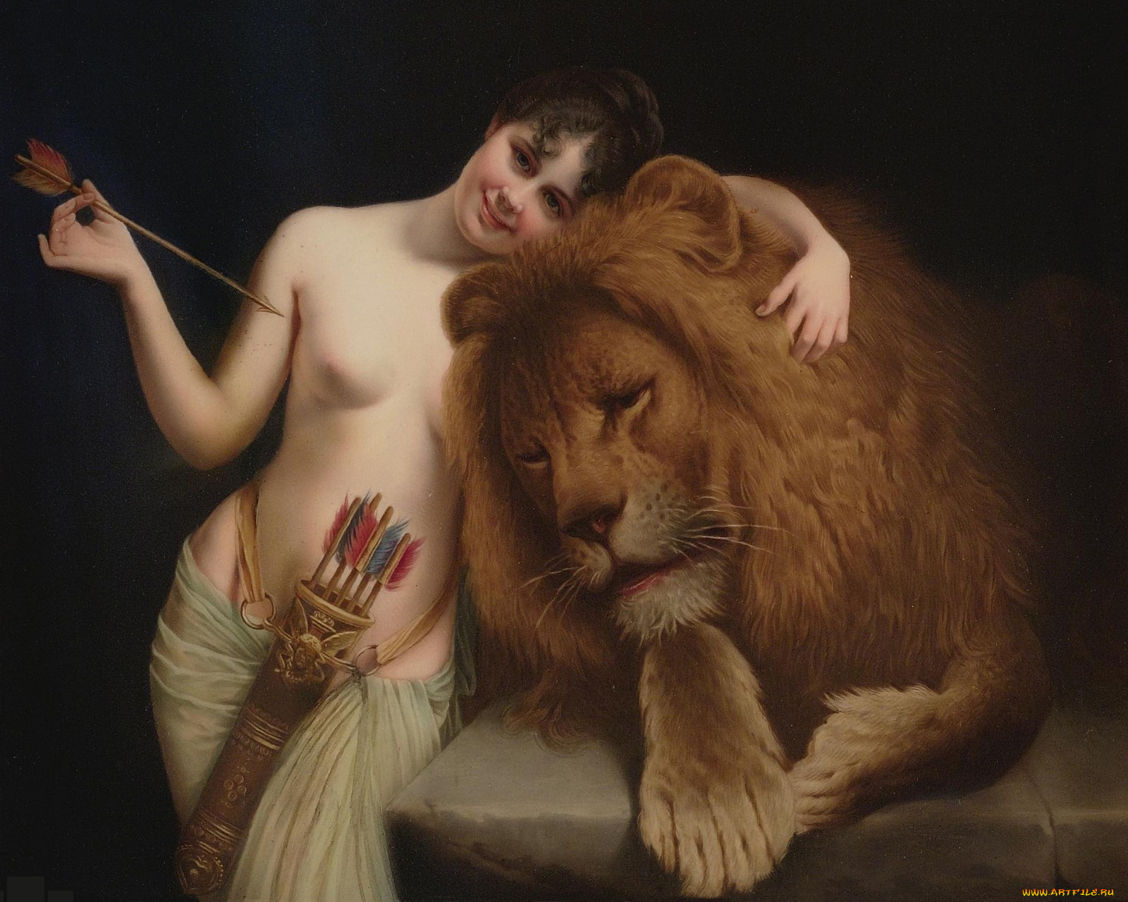 the, goddess, diana, with, lion, рисованные, angelo, graf, von, courten, лев, девушка, стрела, колчан