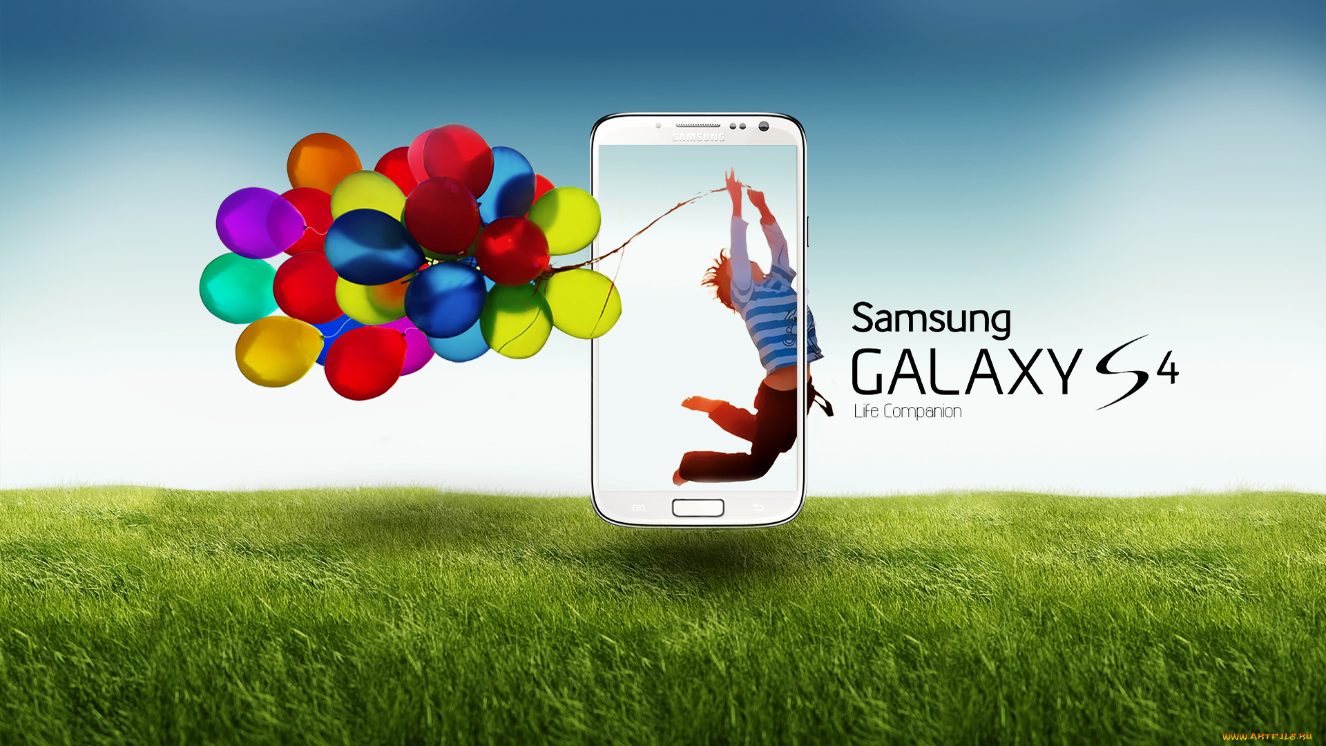 samsung, galaxy, s4, бренды, смартфон, шарики, трава, луг, настроение