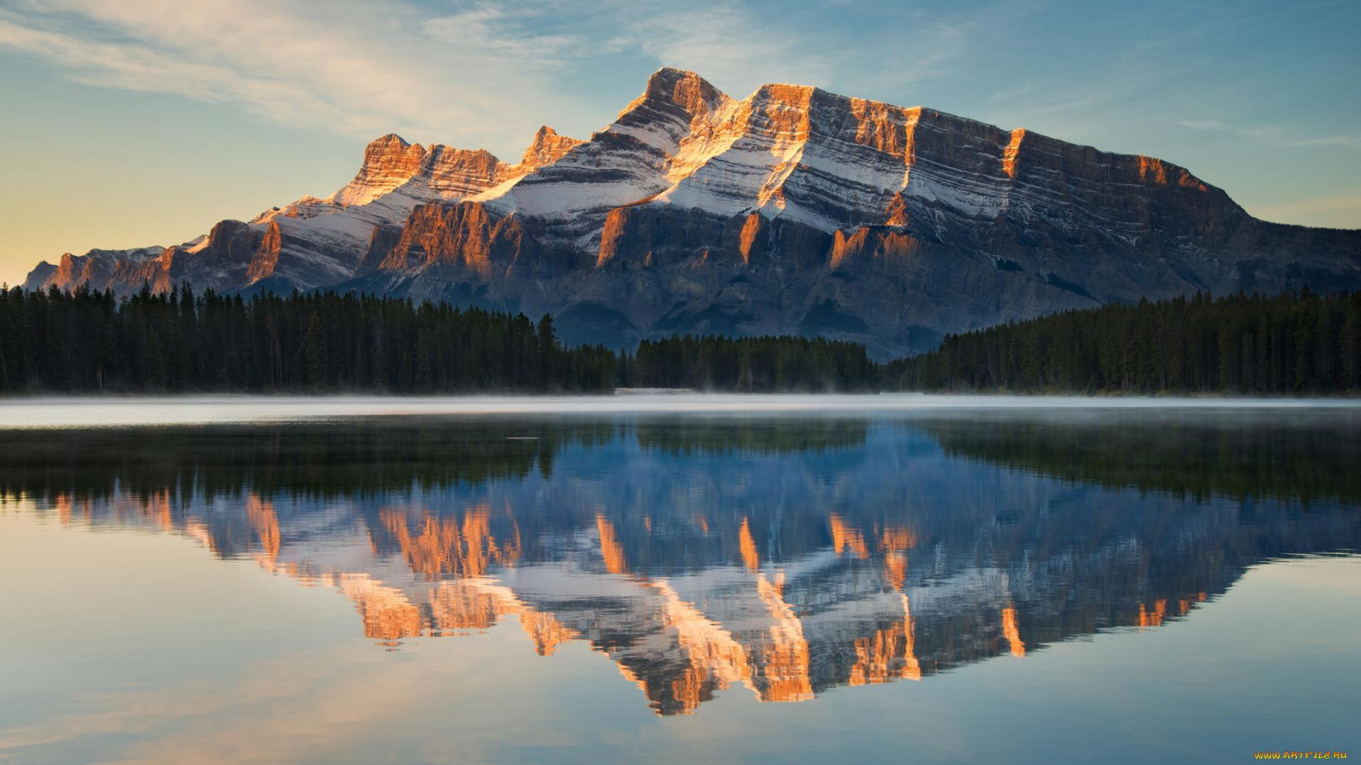 природа, реки, озера, banff, canada, lake, national, park, reflection, rundle, two, jack, гора, озеро, лес, отражение