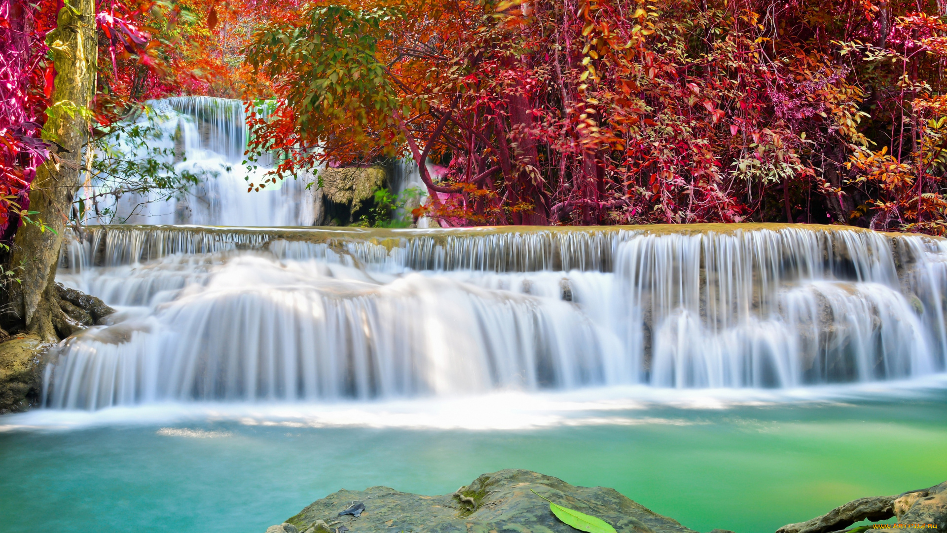 природа, водопады, желтые, деревья, осень, водопад