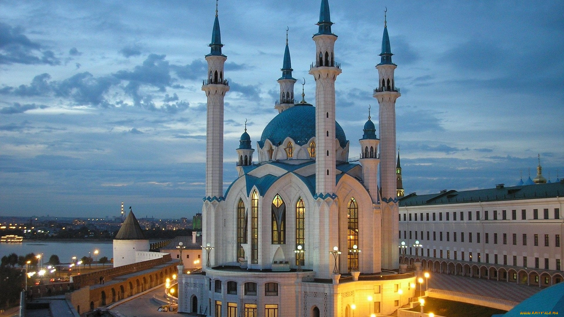города, мечети, медресе, мечеть, вечер, фонари, кул, шариф, казань, татарстан