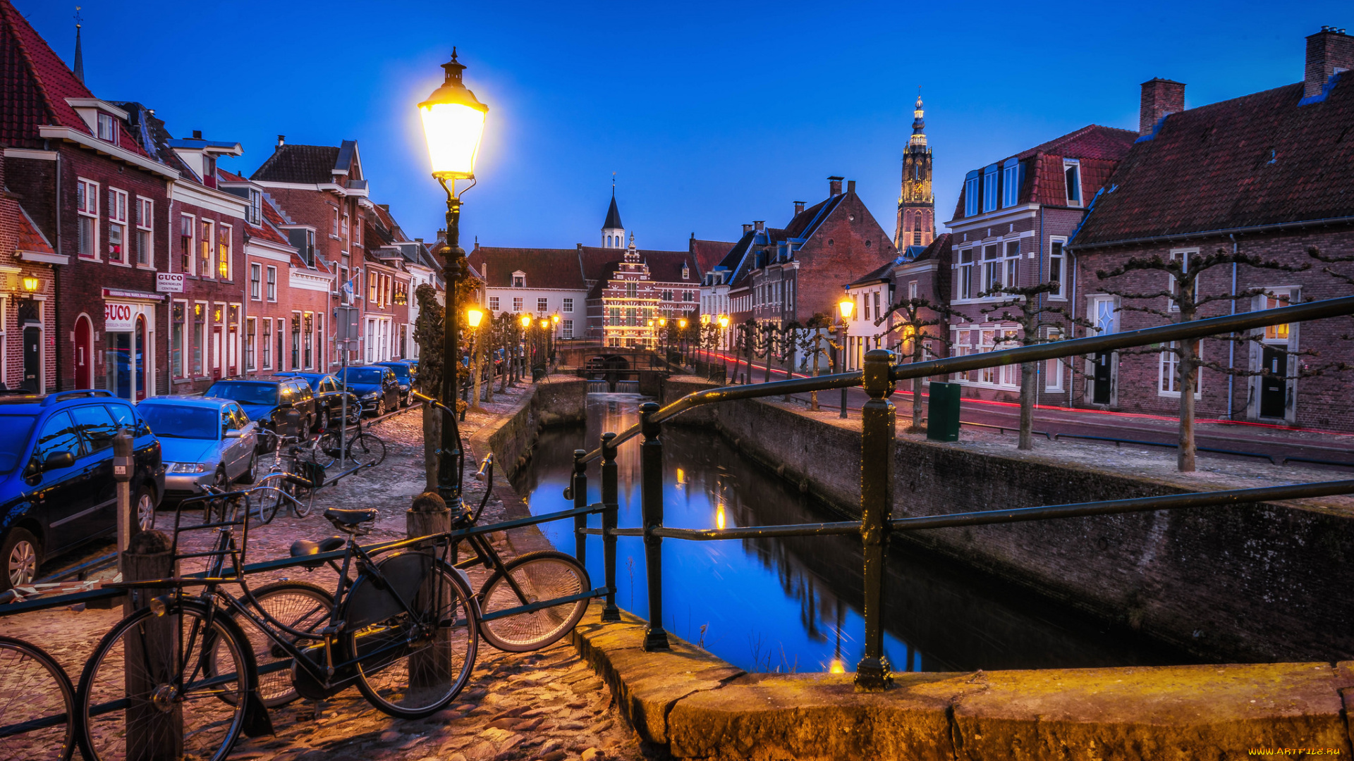 amersfoort, blue, hour, города, -, огни, ночного, города, огни, набережная, канал, верер