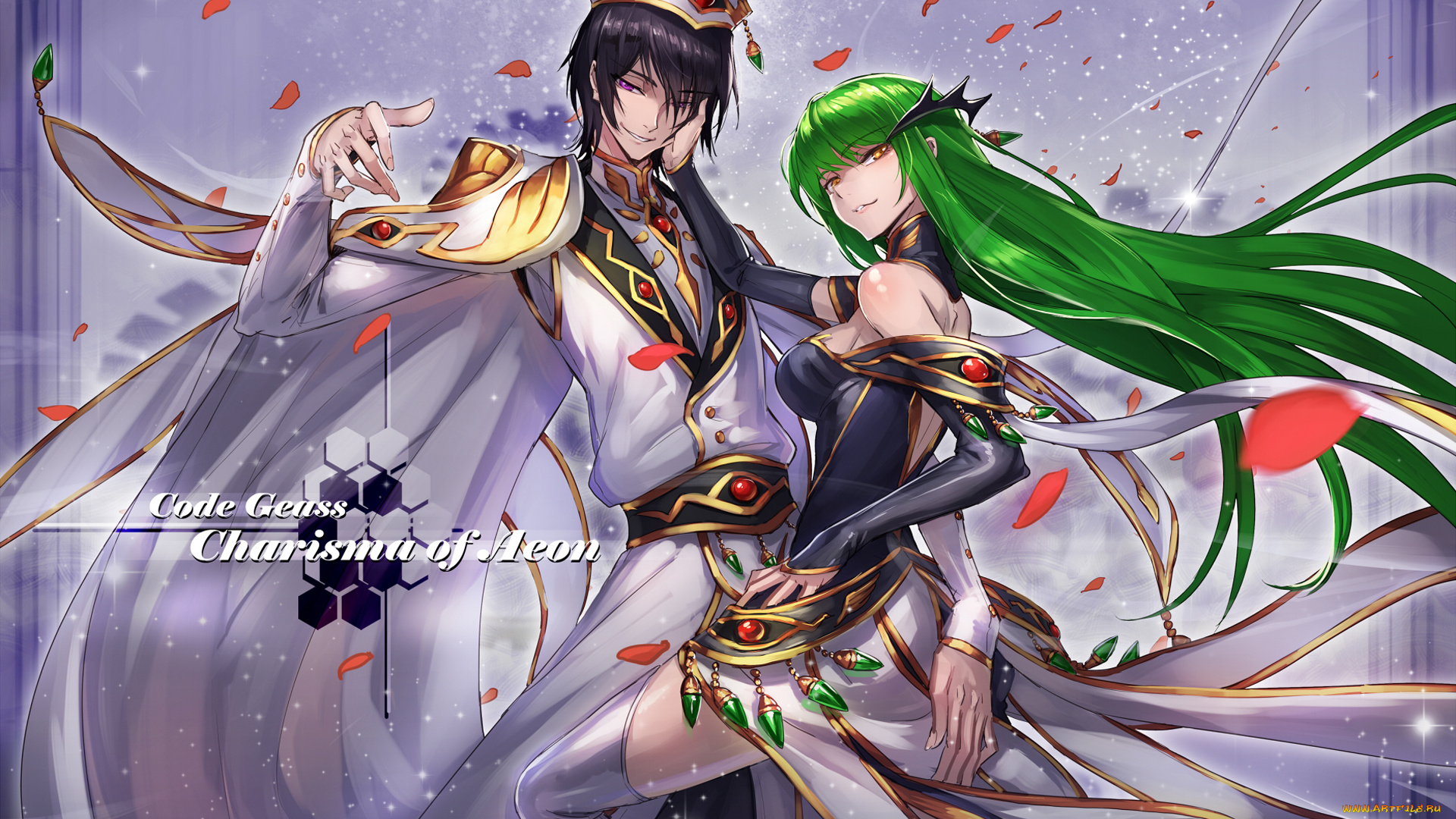 аниме, code, geass, cc, lelouch, lamperouge, ryuuzaki, itsu, девушка, мужчина, платье, костюм, плащ, шапка, украшения, лепестки, камни