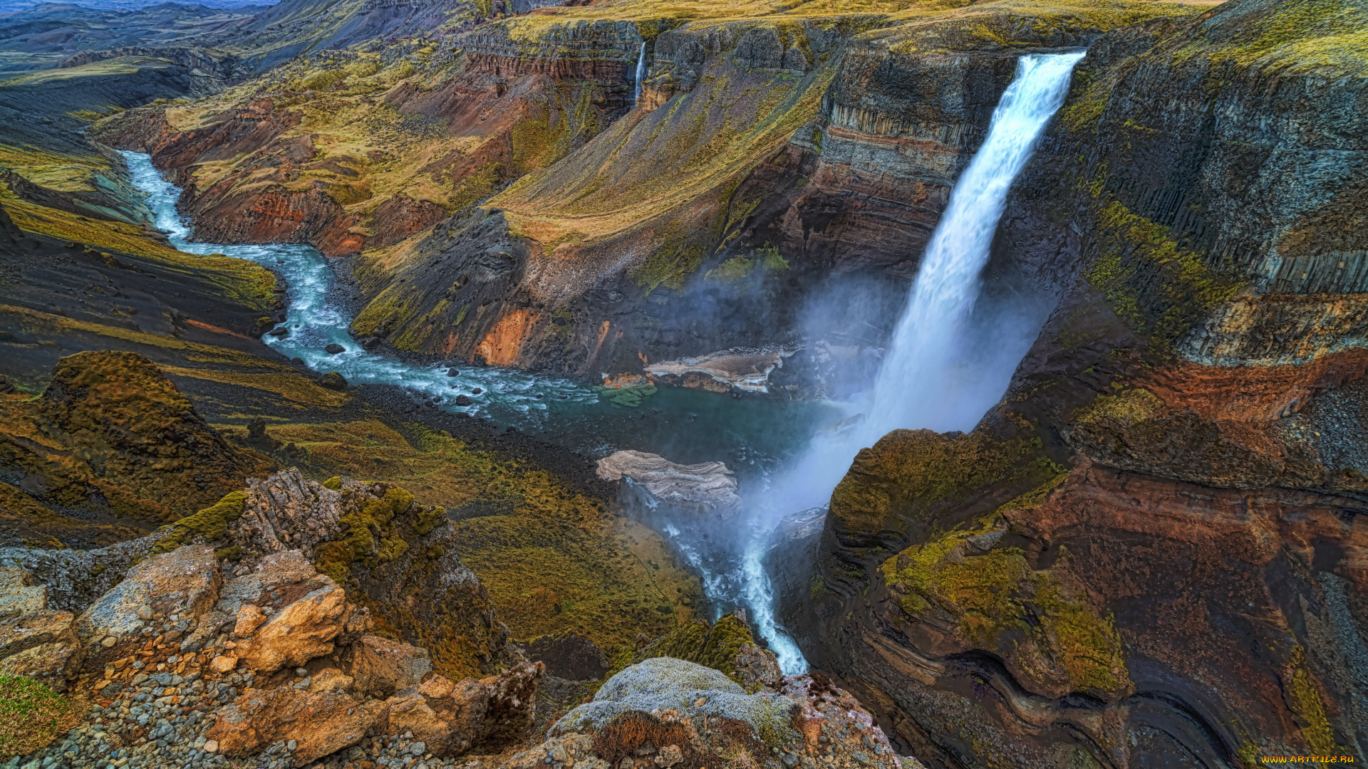 природа, водопады, исландия, поток, каньон, водопад, река