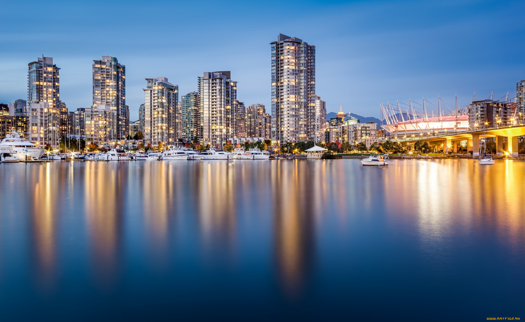 bc, place, and, yaletown, города, -, панорамы, огни, высотки, гавань, вечер