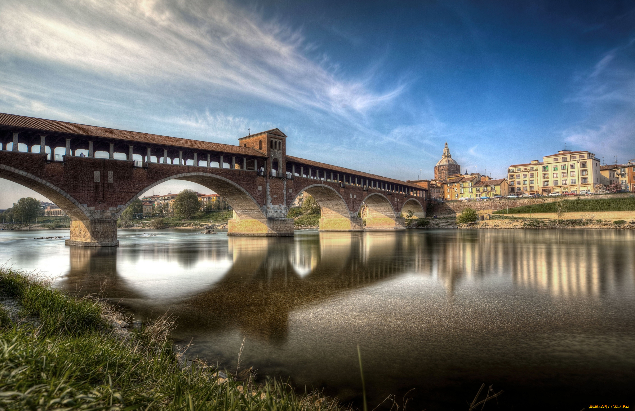 pavia, -, covered, bridge, города, -, мосты, мост, река