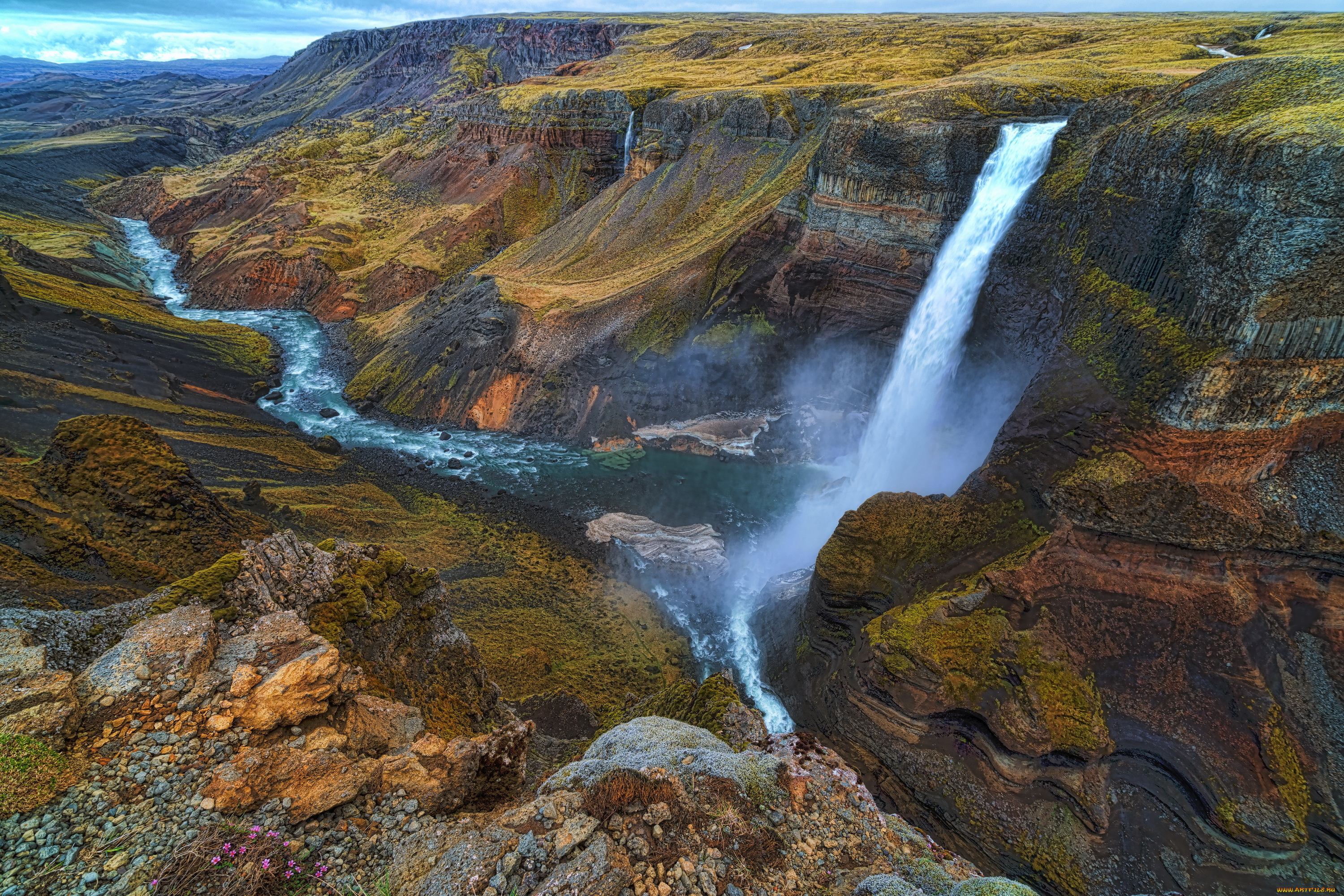 природа, водопады, исландия, поток, каньон, водопад, река