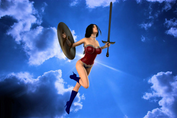 Картинка 3д+графика фантазия+ fantasy полет щит фон девушка взгляд супермен облака оружие