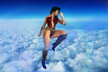 Картинка 3д+графика фантазия+ fantasy супермен полет взгляд девушка фон облака