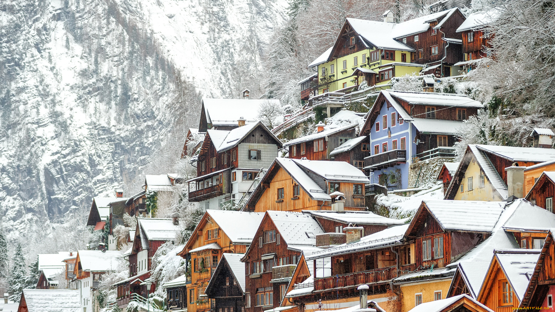 города, -, пейзажи, снег, зима, австрия, дома, hallstatt, деревья, скалы