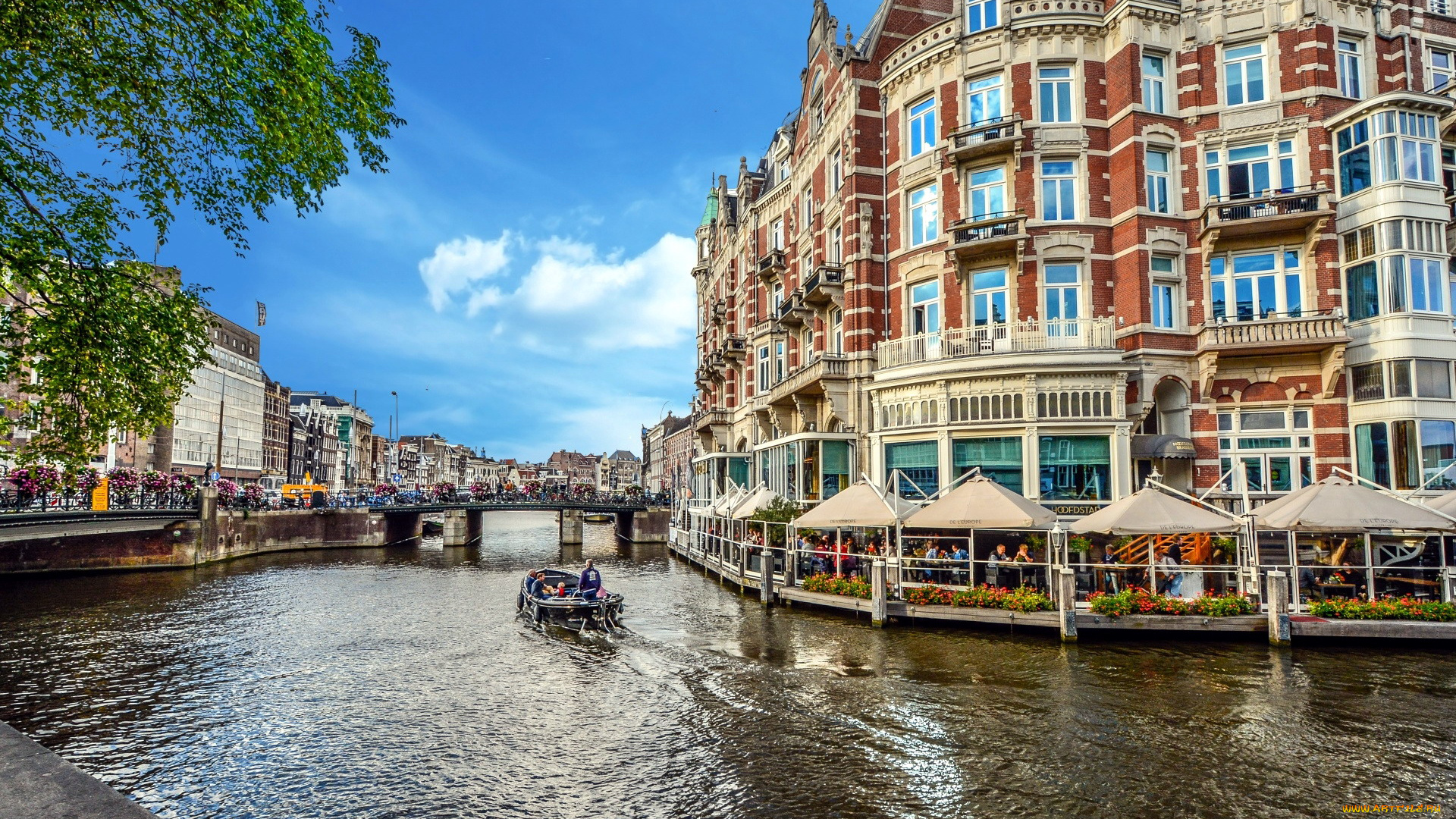 города, амстердам, , нидерланды, лодка, кафе, мост, канал