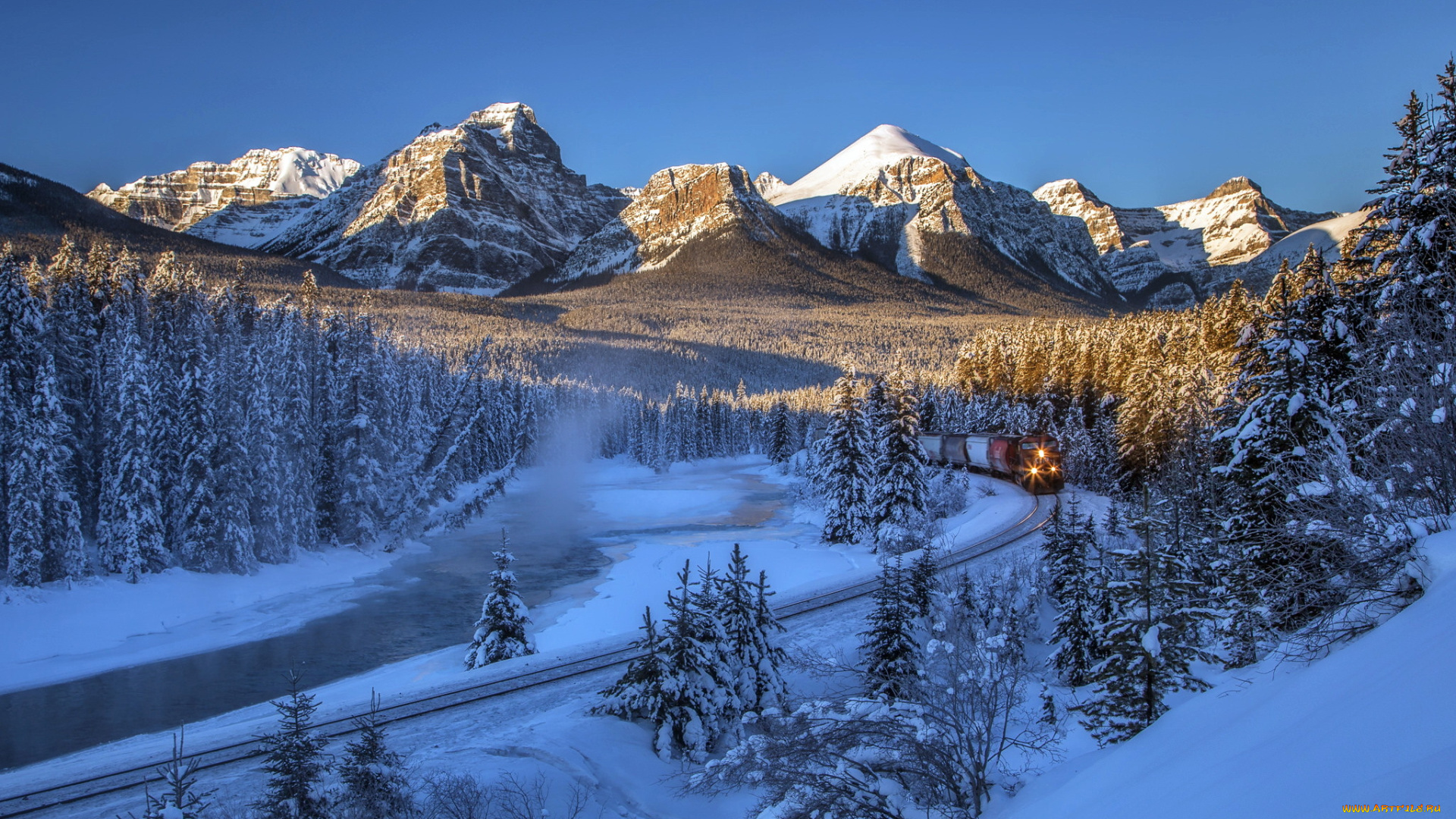 природа, пейзажи, bow, river, canada, alberta, долина, боу, banff, national, park, альберта, железная, дорога, канада, canadian, rockies, valley, поезд, река, национальный, парк, банф, снег, деревья, горы, лес, зима, скалистые