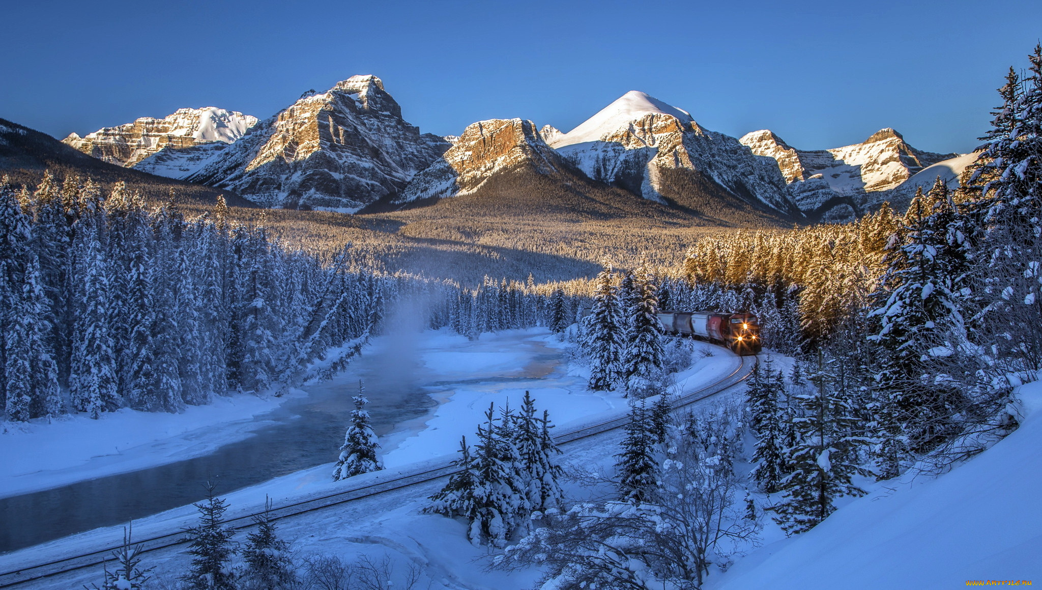 природа, пейзажи, bow, river, canada, alberta, долина, боу, banff, national, park, альберта, железная, дорога, канада, canadian, rockies, valley, поезд, река, национальный, парк, банф, снег, деревья, горы, лес, зима, скалистые