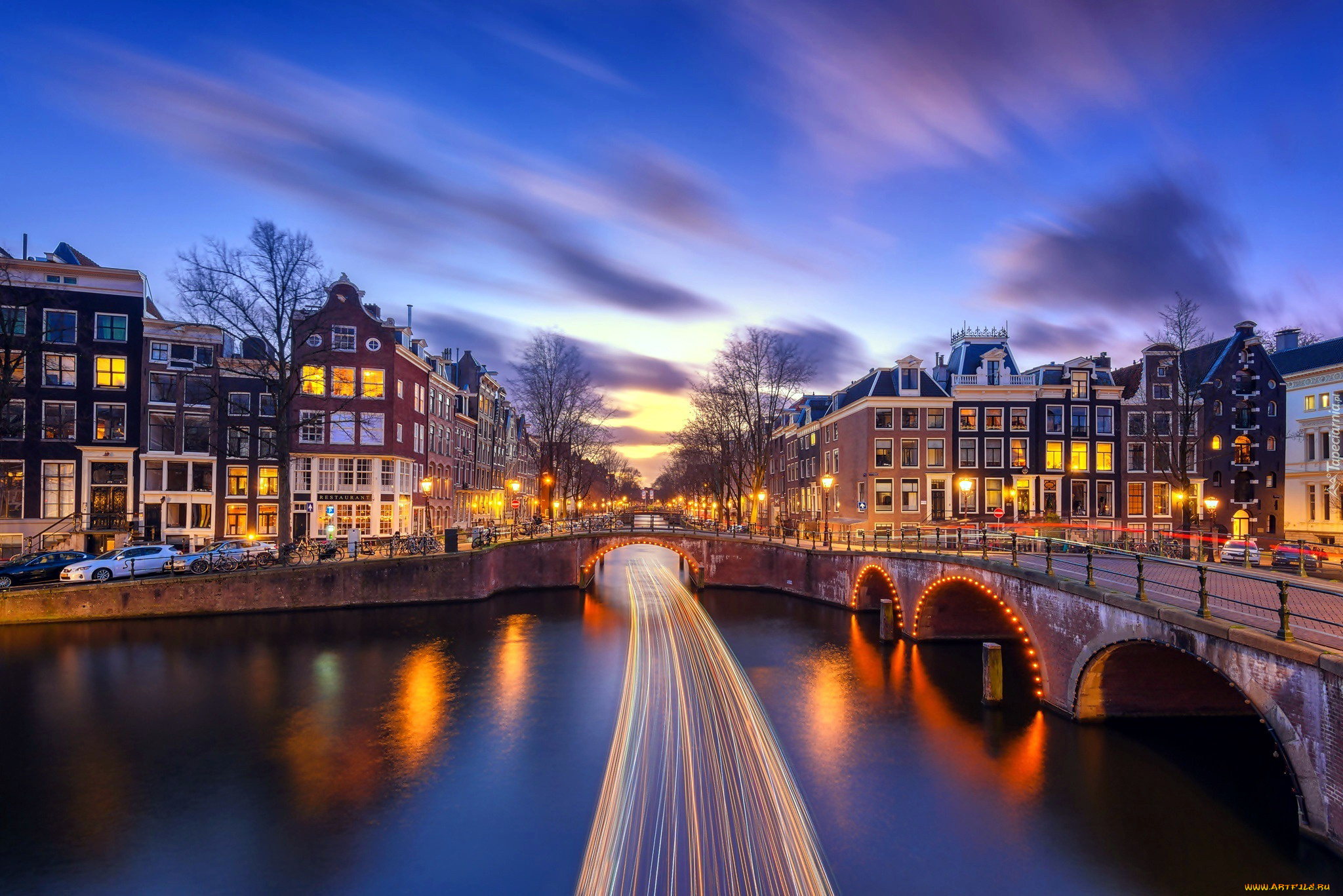 города, амстердам, , нидерланды, вечер, мосты, канал