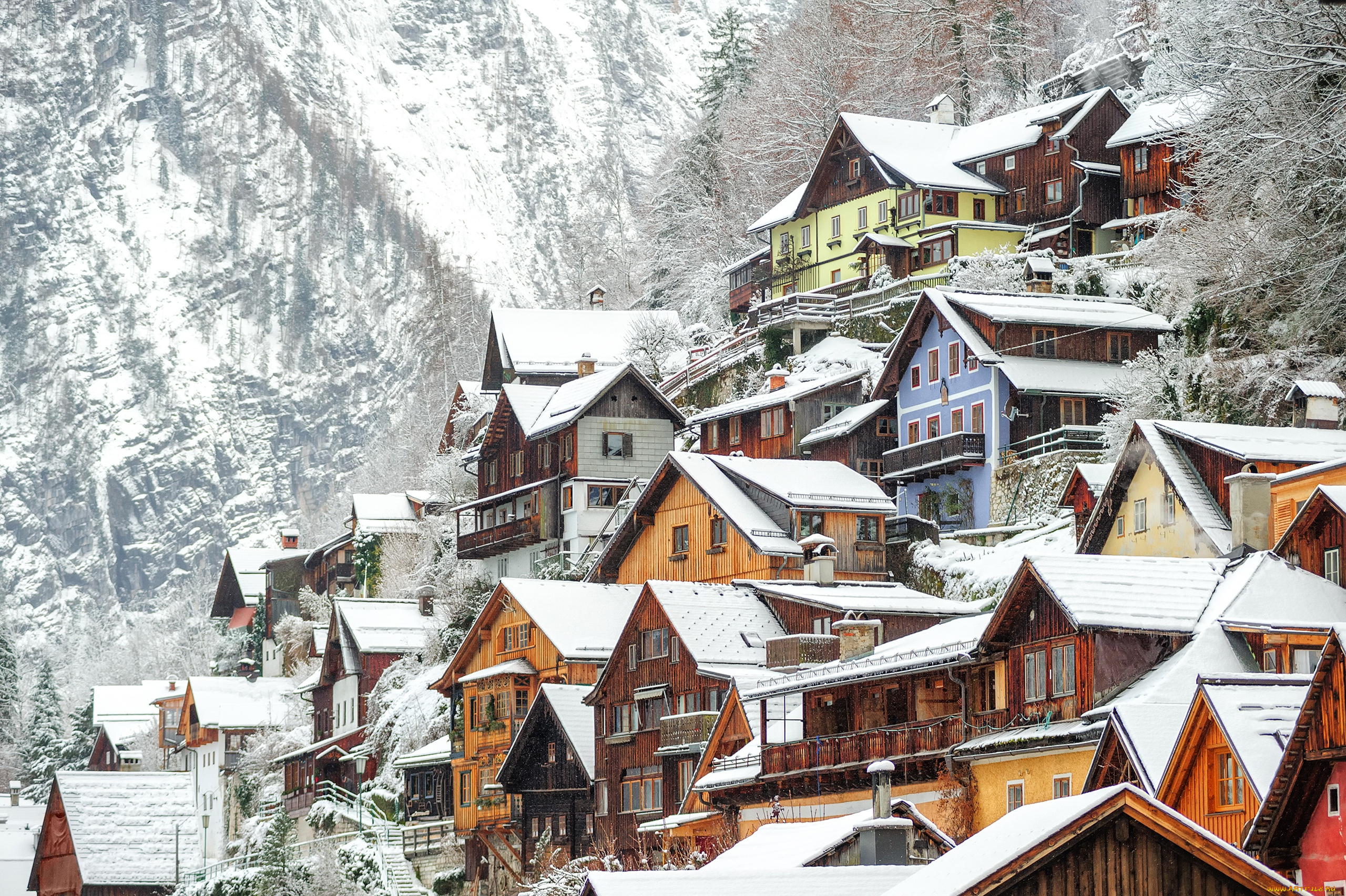 города, -, пейзажи, снег, зима, австрия, дома, hallstatt, деревья, скалы