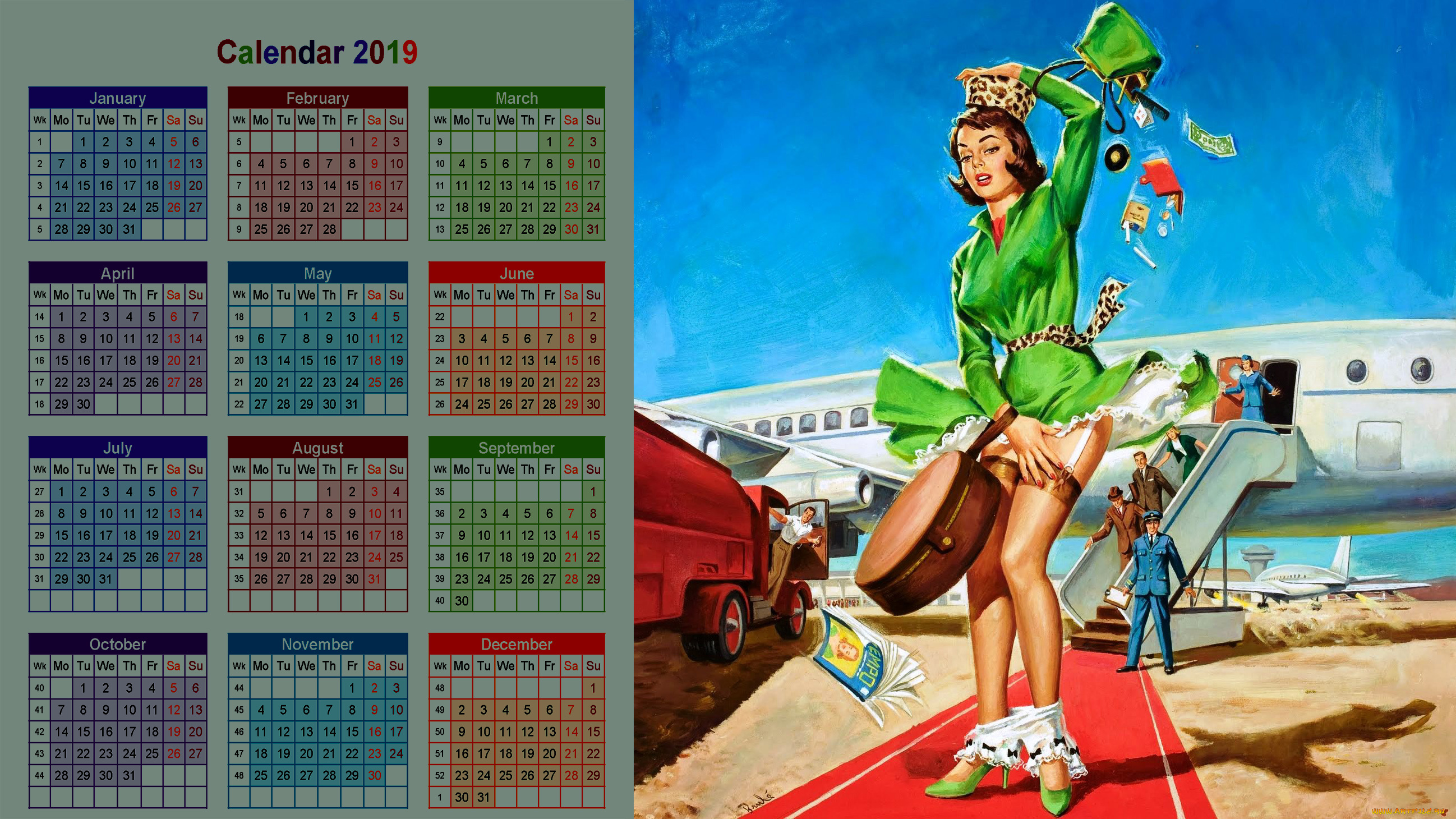 календари, рисованные, , векторная, графика, самолет, девушка