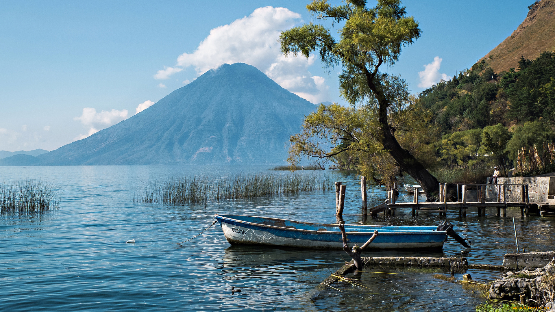 lake, atitlan, guatemala, природа, реки, озера, озеро, атитлан, вулкан, гватемала, лодка, дерево